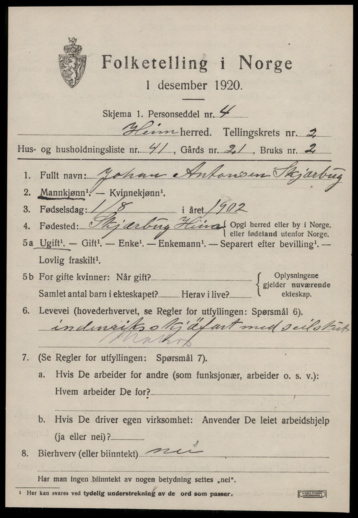 SAT, 1920 census for Heim, 1920, p. 1899