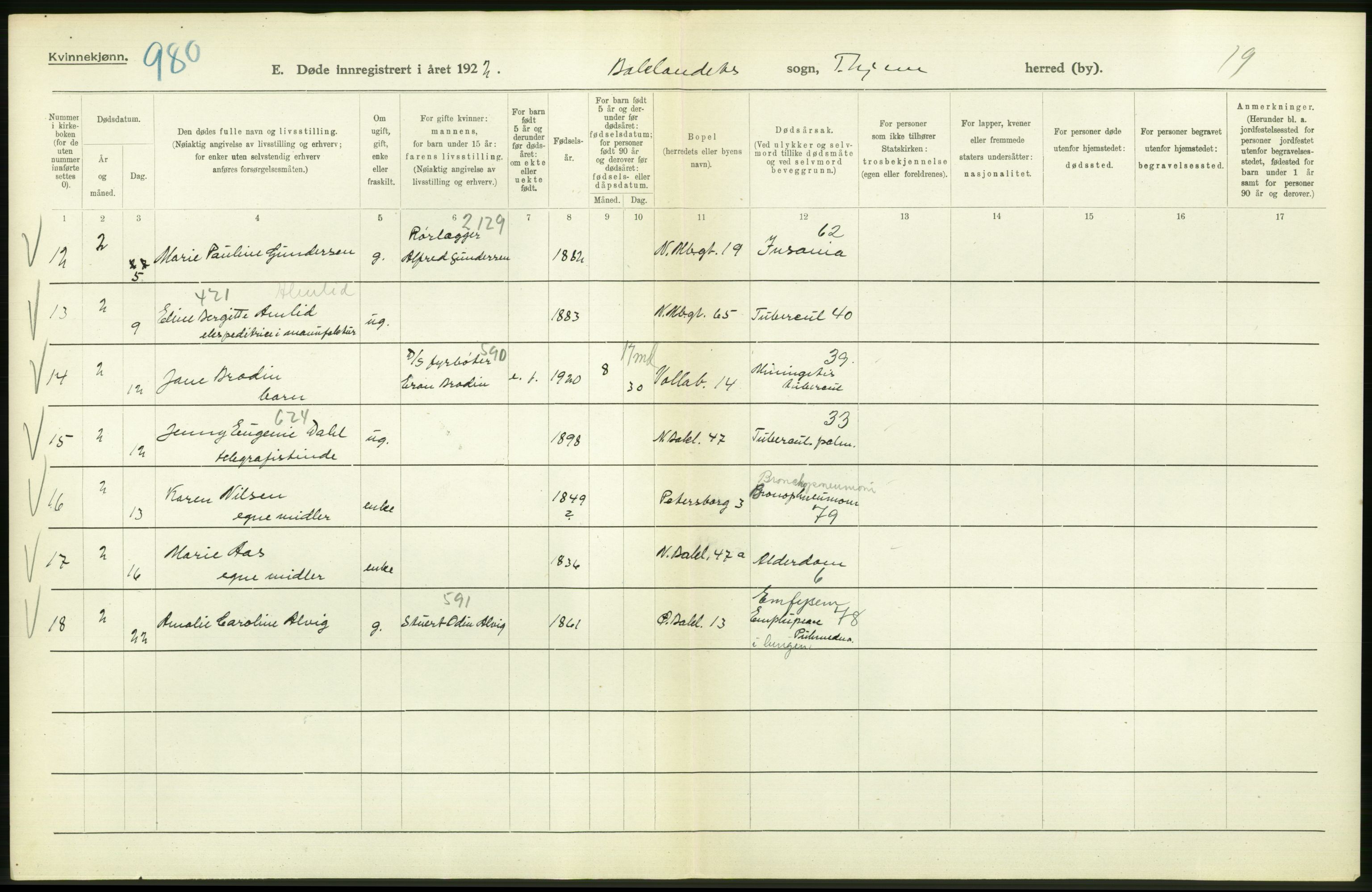 Statistisk sentralbyrå, Sosiodemografiske emner, Befolkning, AV/RA-S-2228/D/Df/Dfc/Dfcb/L0040: Trondheim: Gifte, døde, dødfødte., 1922, p. 236