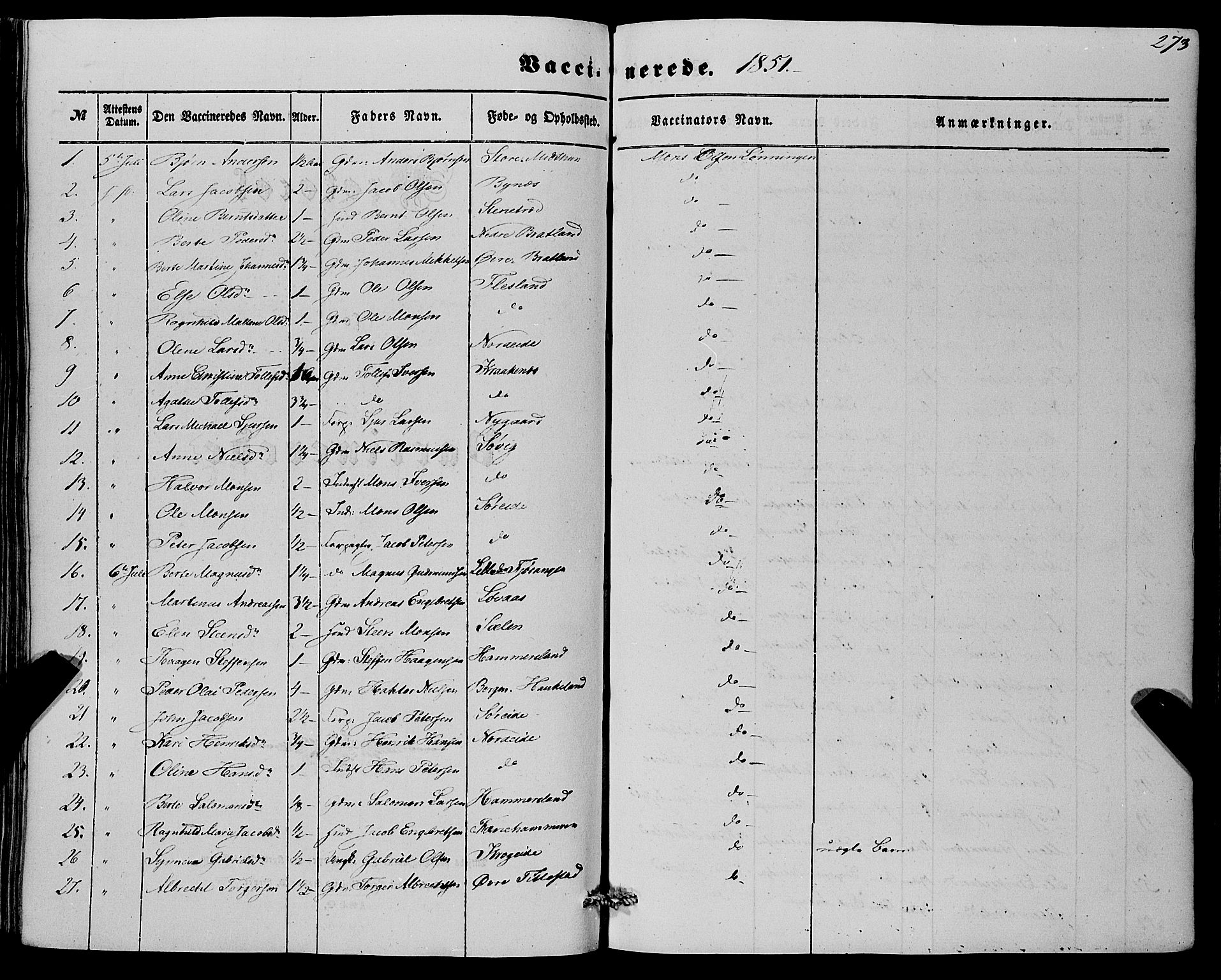 Fana Sokneprestembete, SAB/A-75101/H/Haa/Haaa/L0011: Parish register (official) no. A 11, 1851-1862, p. 273