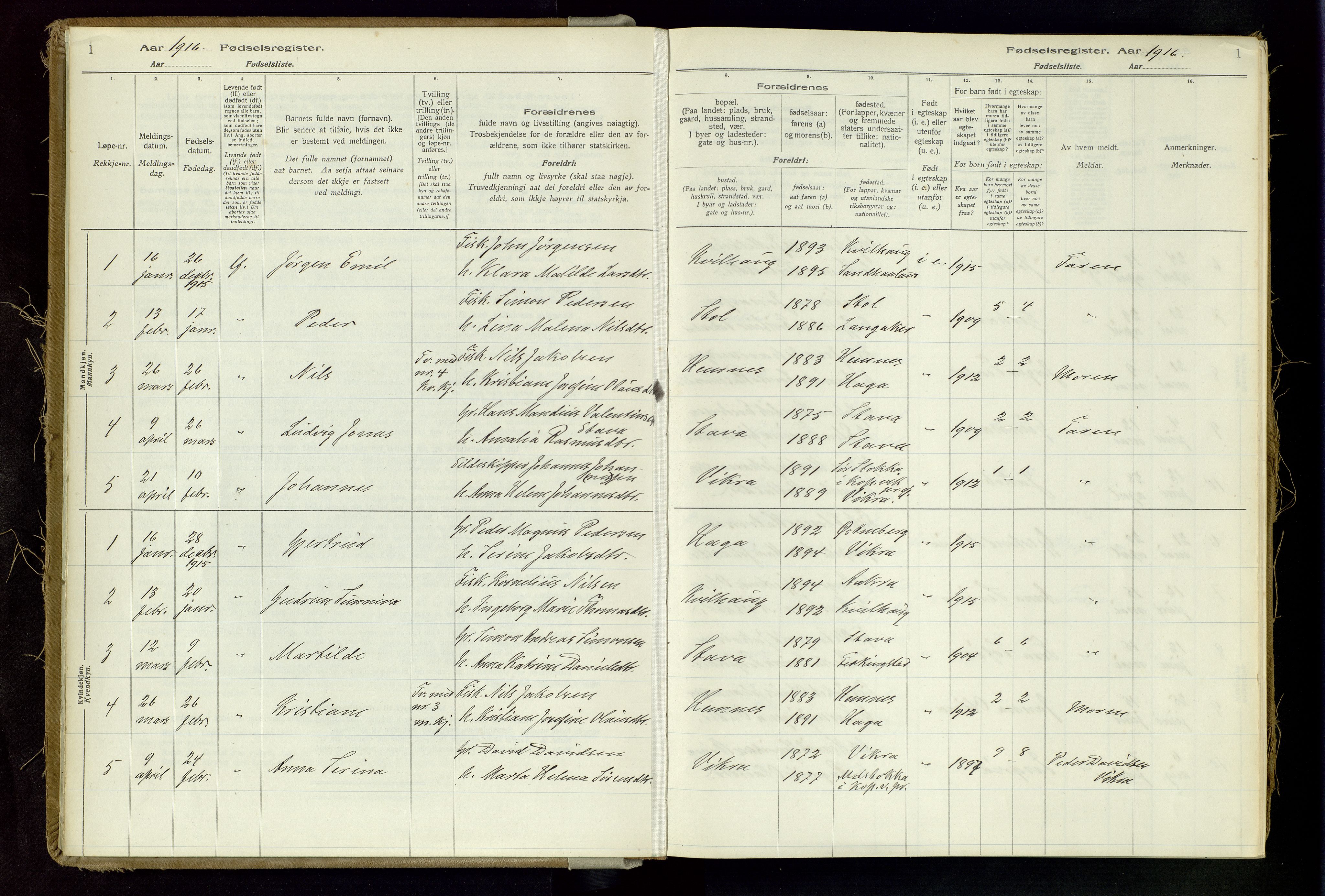 Skudenes sokneprestkontor, AV/SAST-A -101849/I/Id/L0002: Birth register no. 2, 1916-1962, p. 1