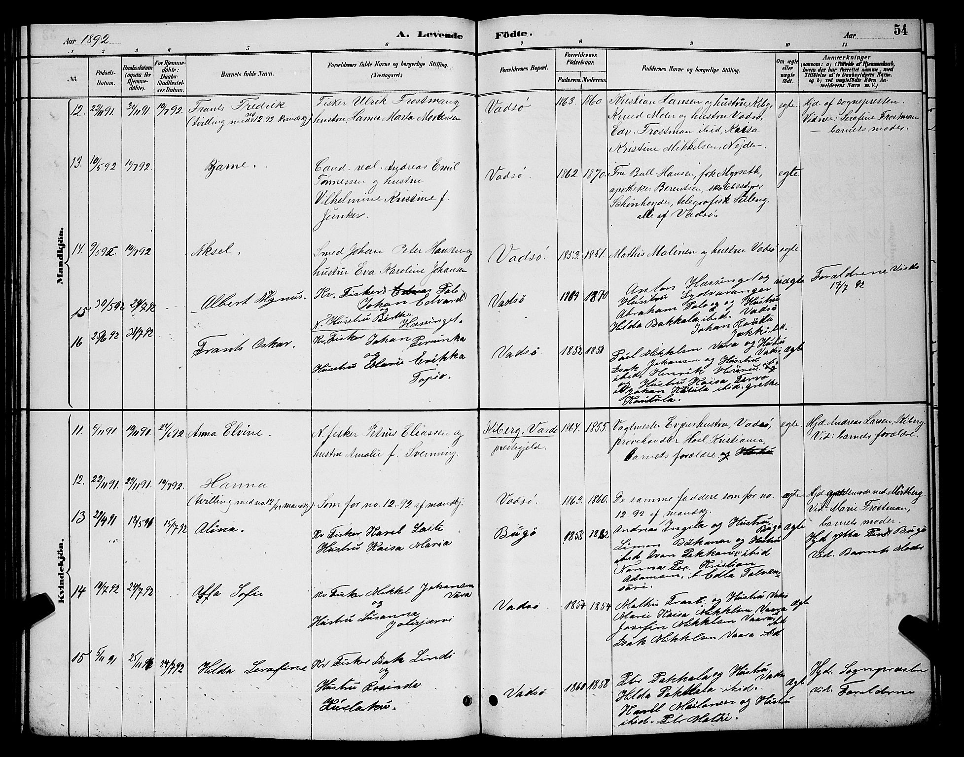 Vadsø sokneprestkontor, AV/SATØ-S-1325/H/Hb/L0004klokker: Parish register (copy) no. 4, 1885-1895, p. 54
