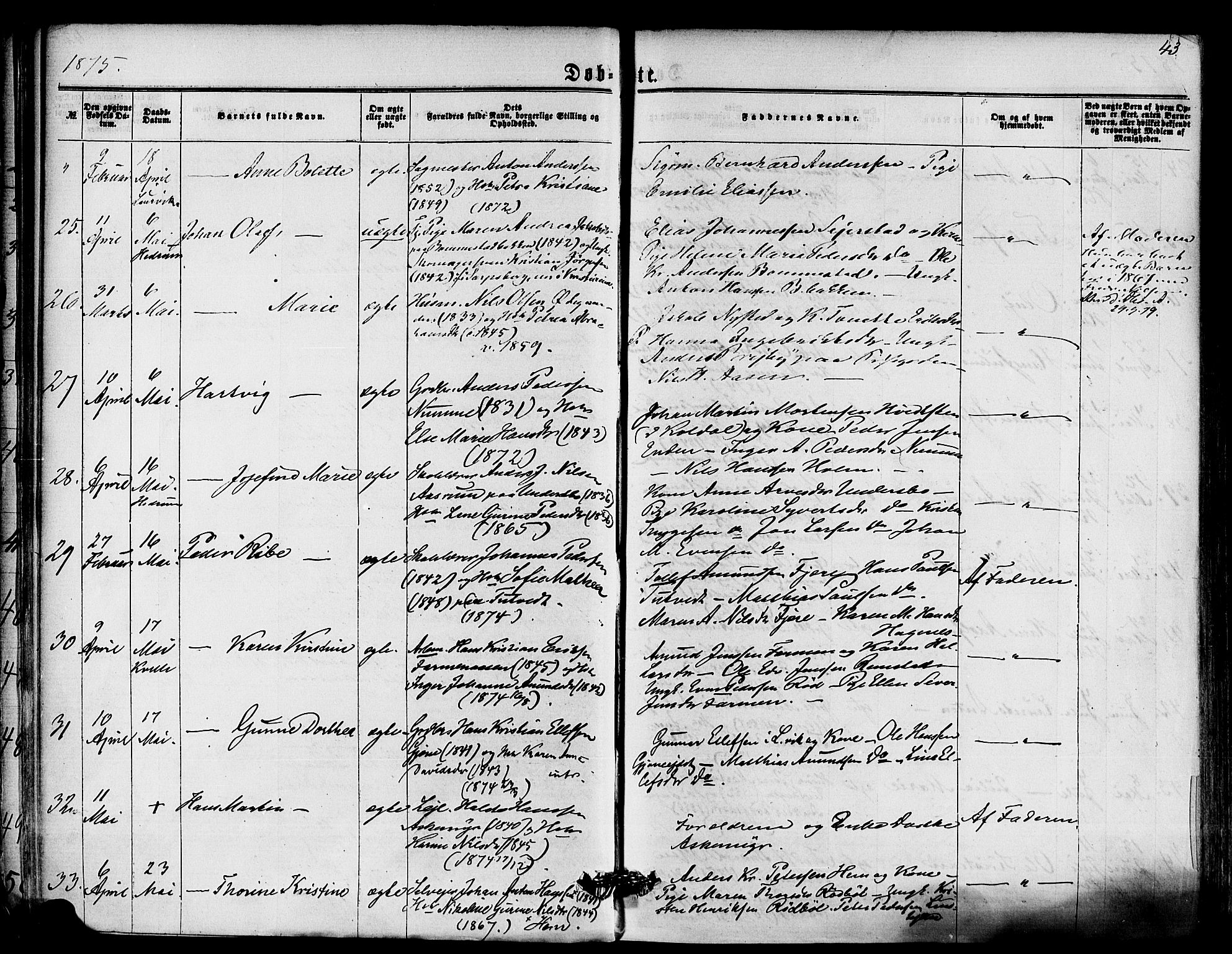 Hedrum kirkebøker, SAKO/A-344/F/Fa/L0008: Parish register (official) no. I 8, 1869-1880, p. 43