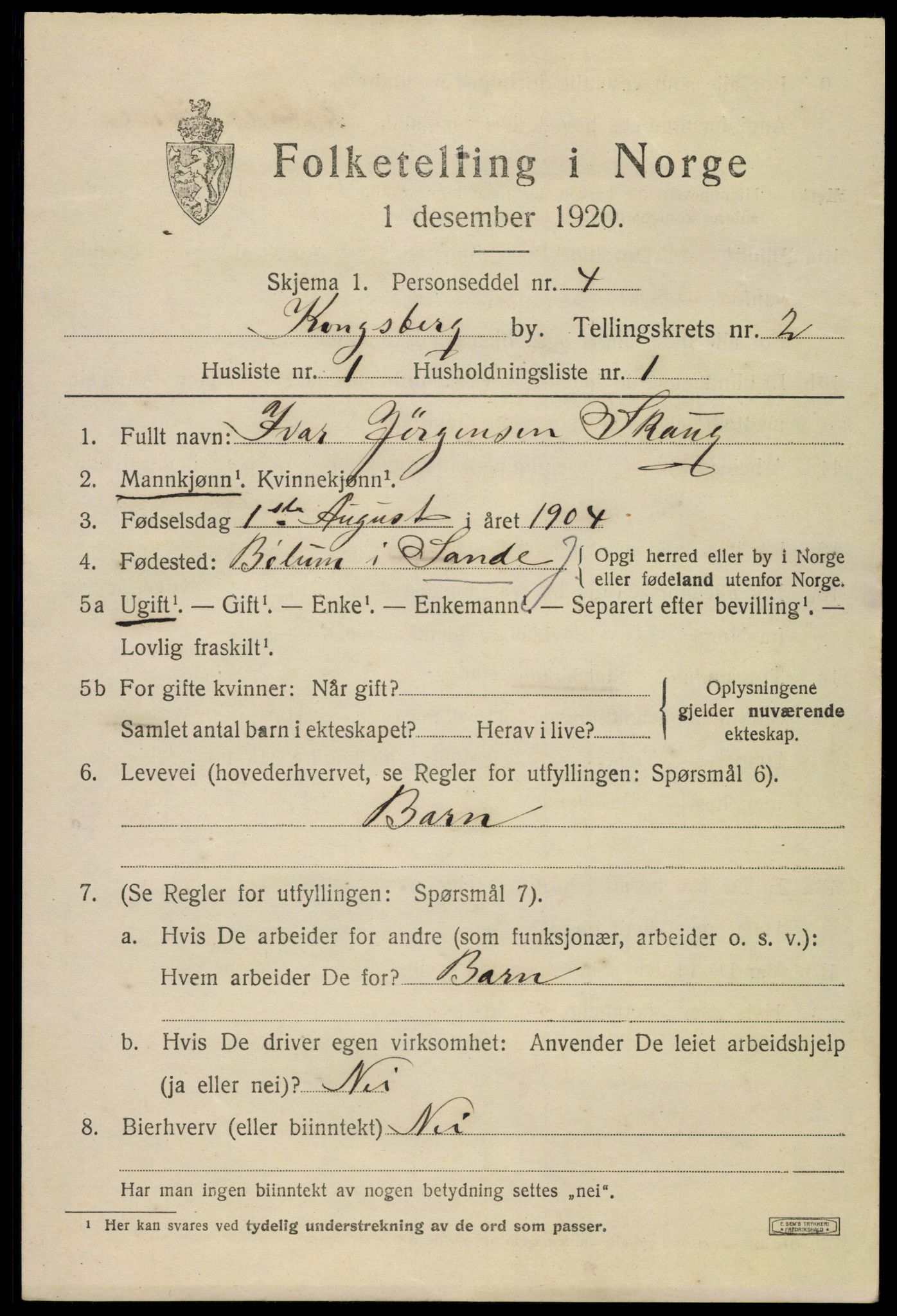 SAKO, 1920 census for Kongsberg, 1920, p. 6774