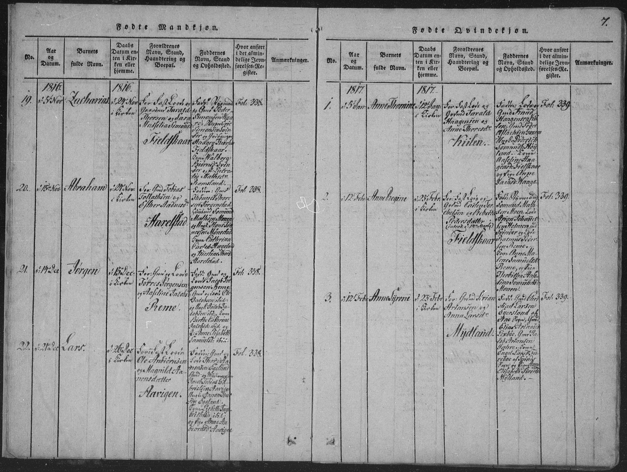 Sør-Audnedal sokneprestkontor, AV/SAK-1111-0039/F/Fa/Faa/L0001: Parish register (official) no. A 1, 1816-1848, p. 7