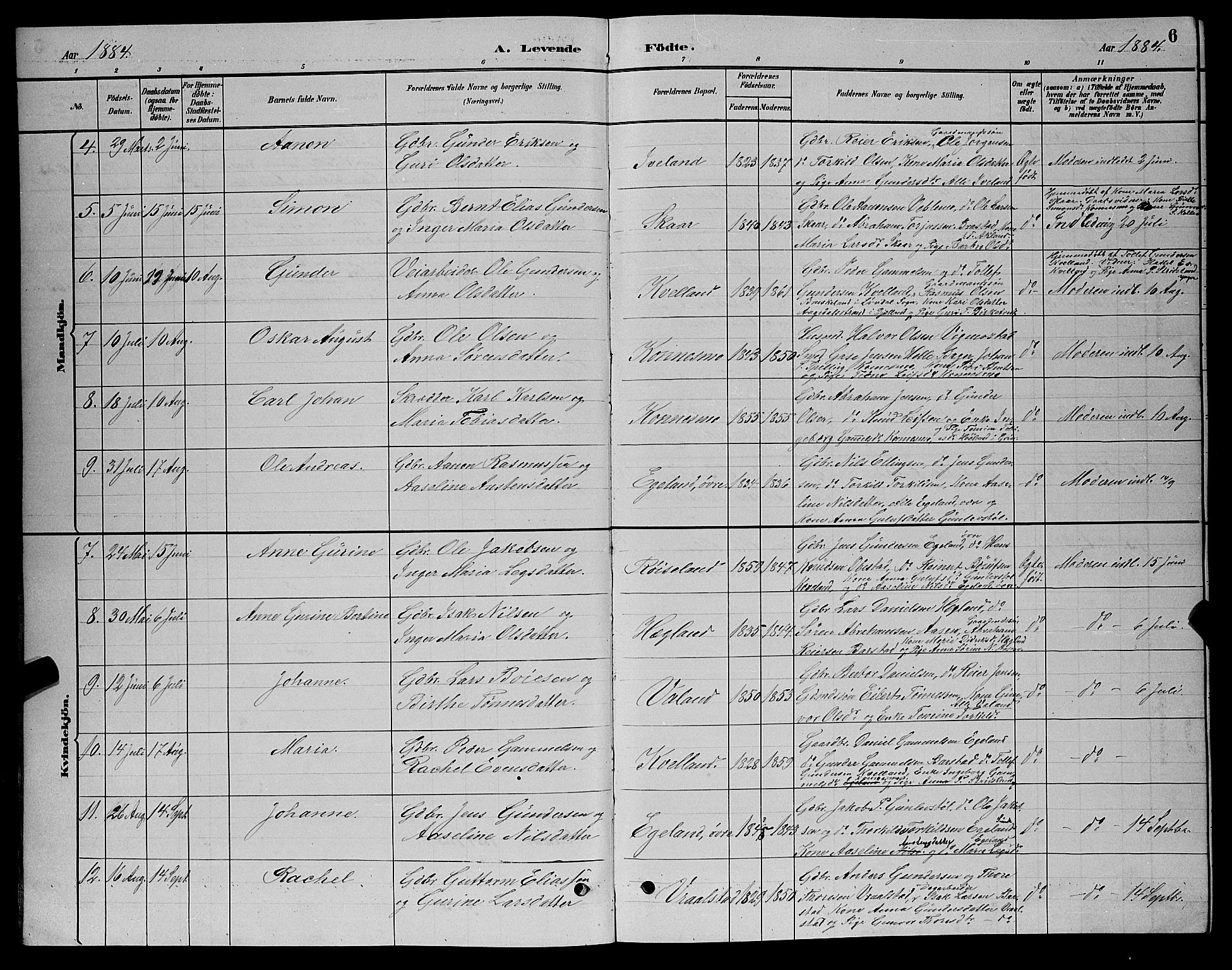 Nord-Audnedal sokneprestkontor, AV/SAK-1111-0032/F/Fb/Fba/L0003: Parish register (copy) no. B 3, 1881-1900, p. 6