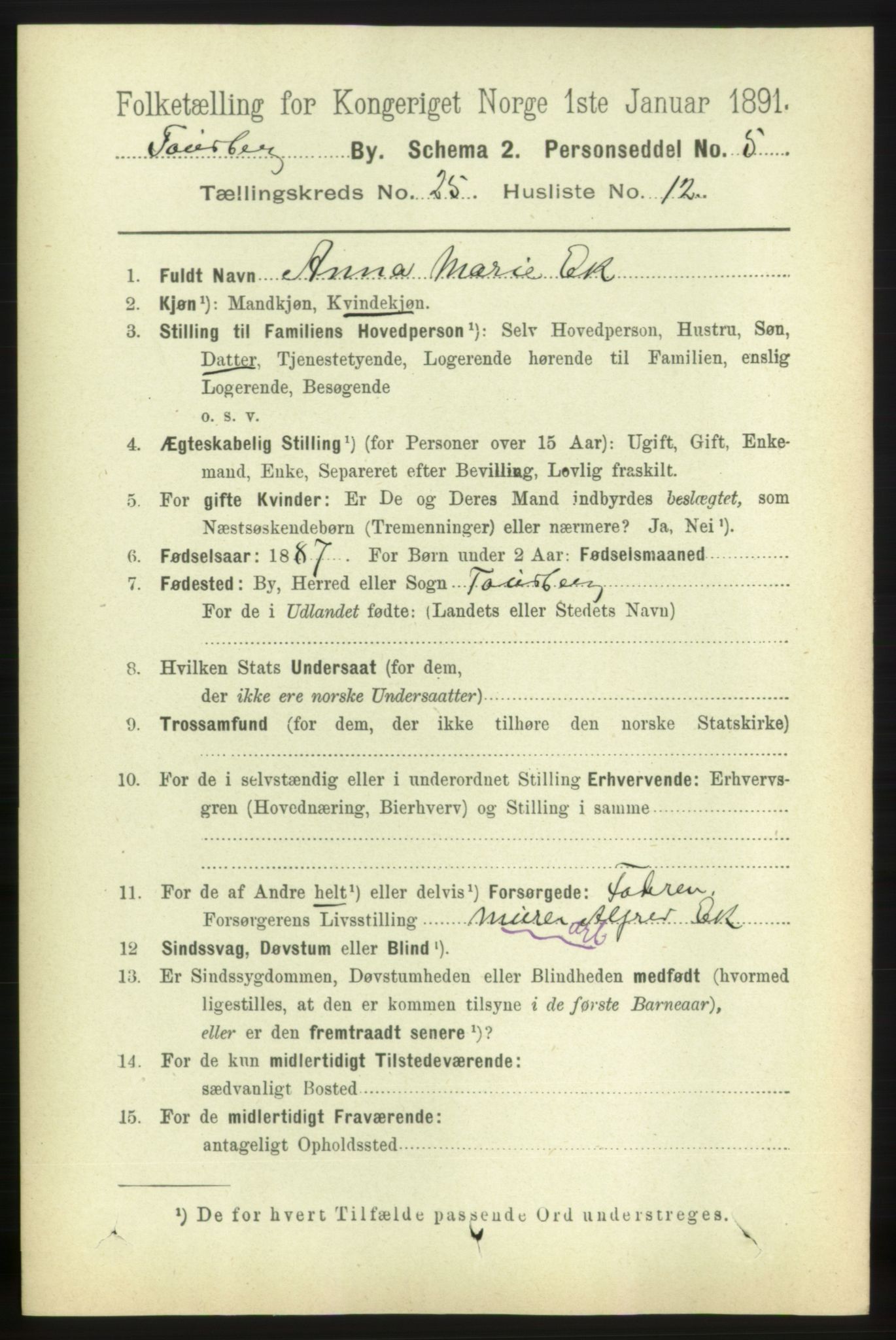 RA, 1891 census for 0705 Tønsberg, 1891, p. 6640