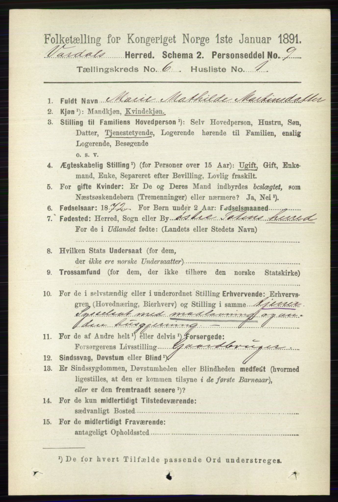 RA, 1891 census for 0527 Vardal, 1891, p. 2382