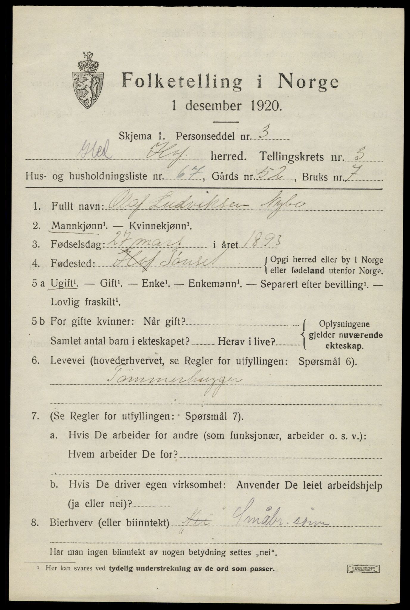 SAH, 1920 census for Hof, 1920, p. 4737