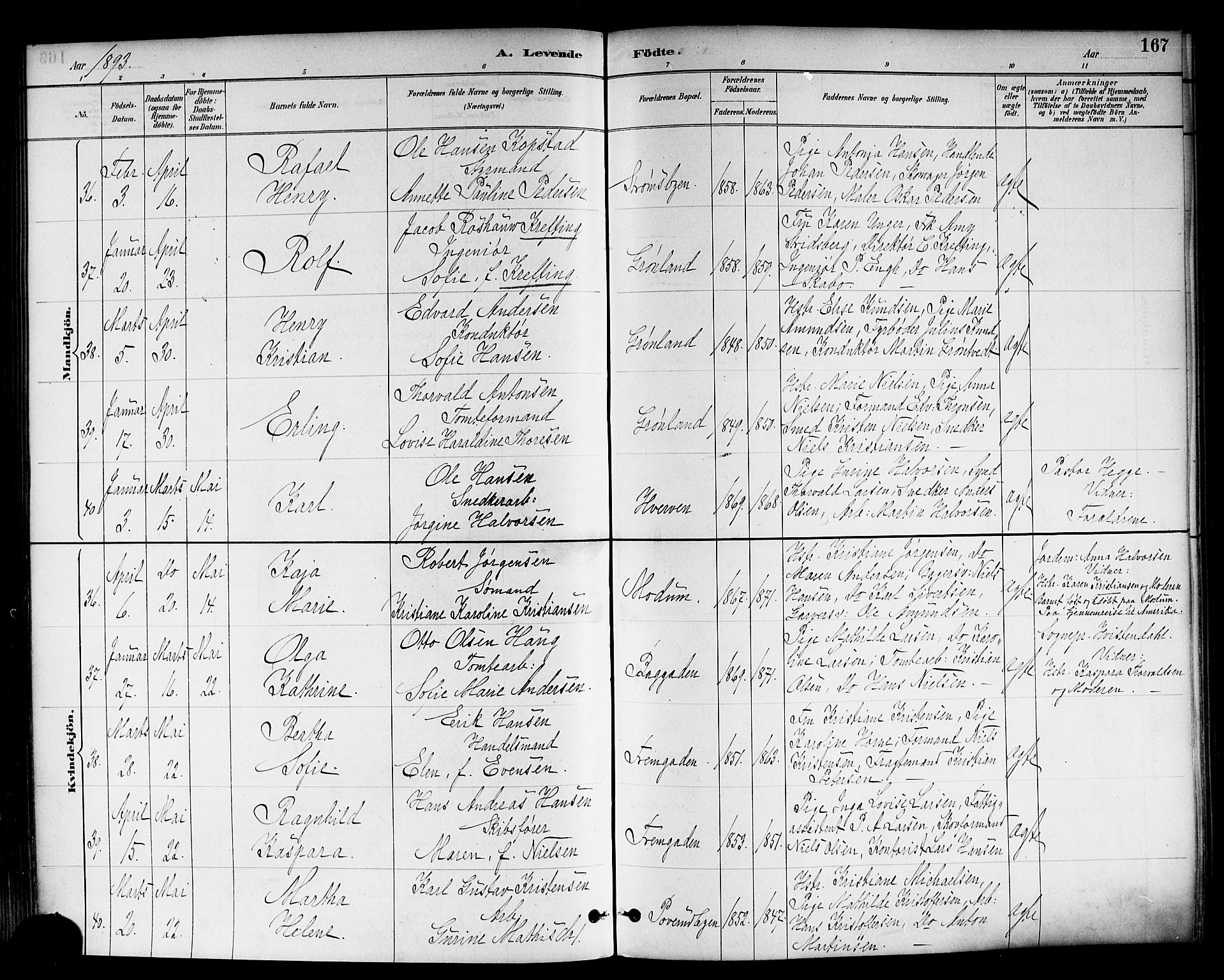Strømsø kirkebøker, SAKO/A-246/F/Fa/L0023: Parish register (official) no. I 23, 1885-1894, p. 167