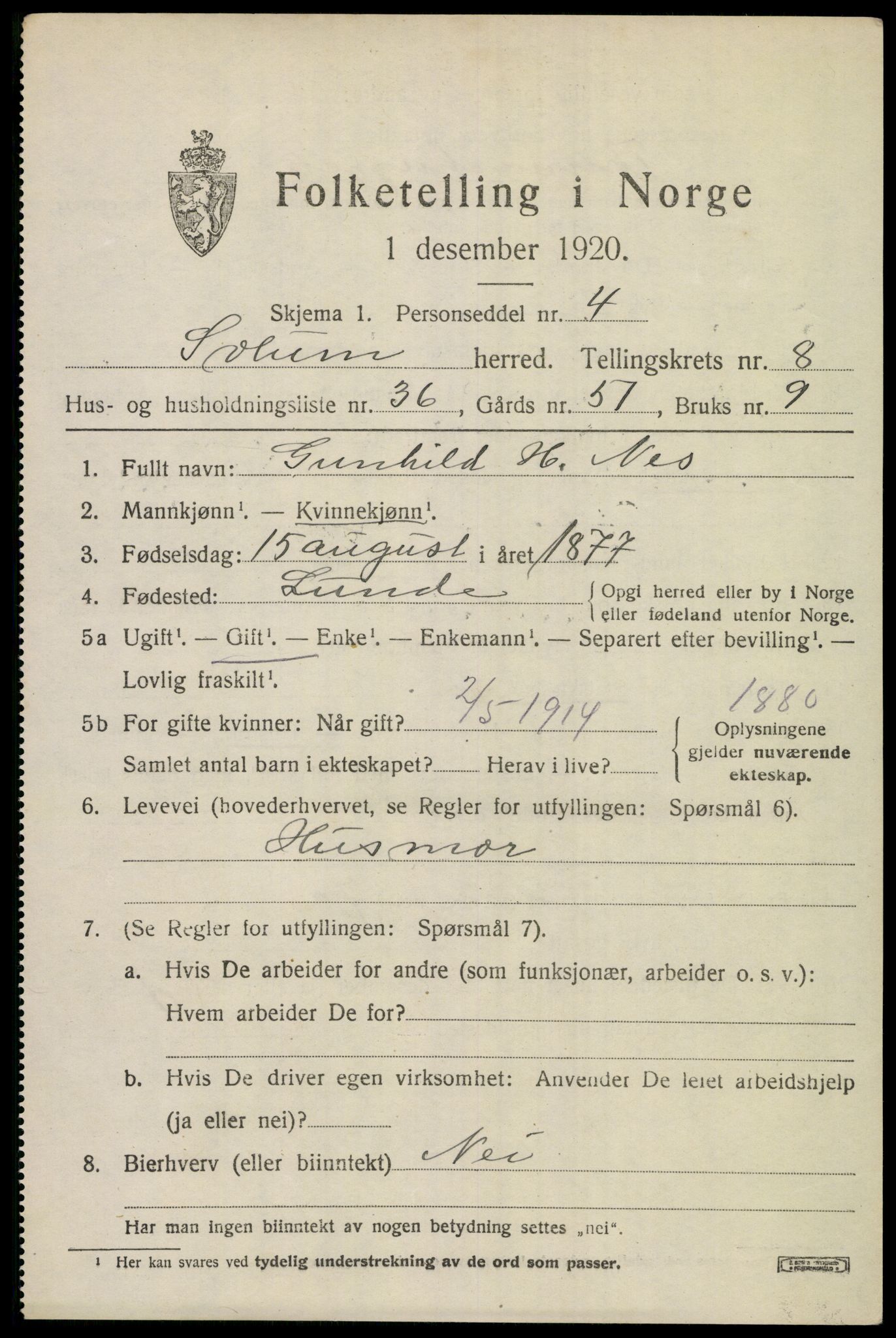 SAKO, 1920 census for Solum, 1920, p. 14636