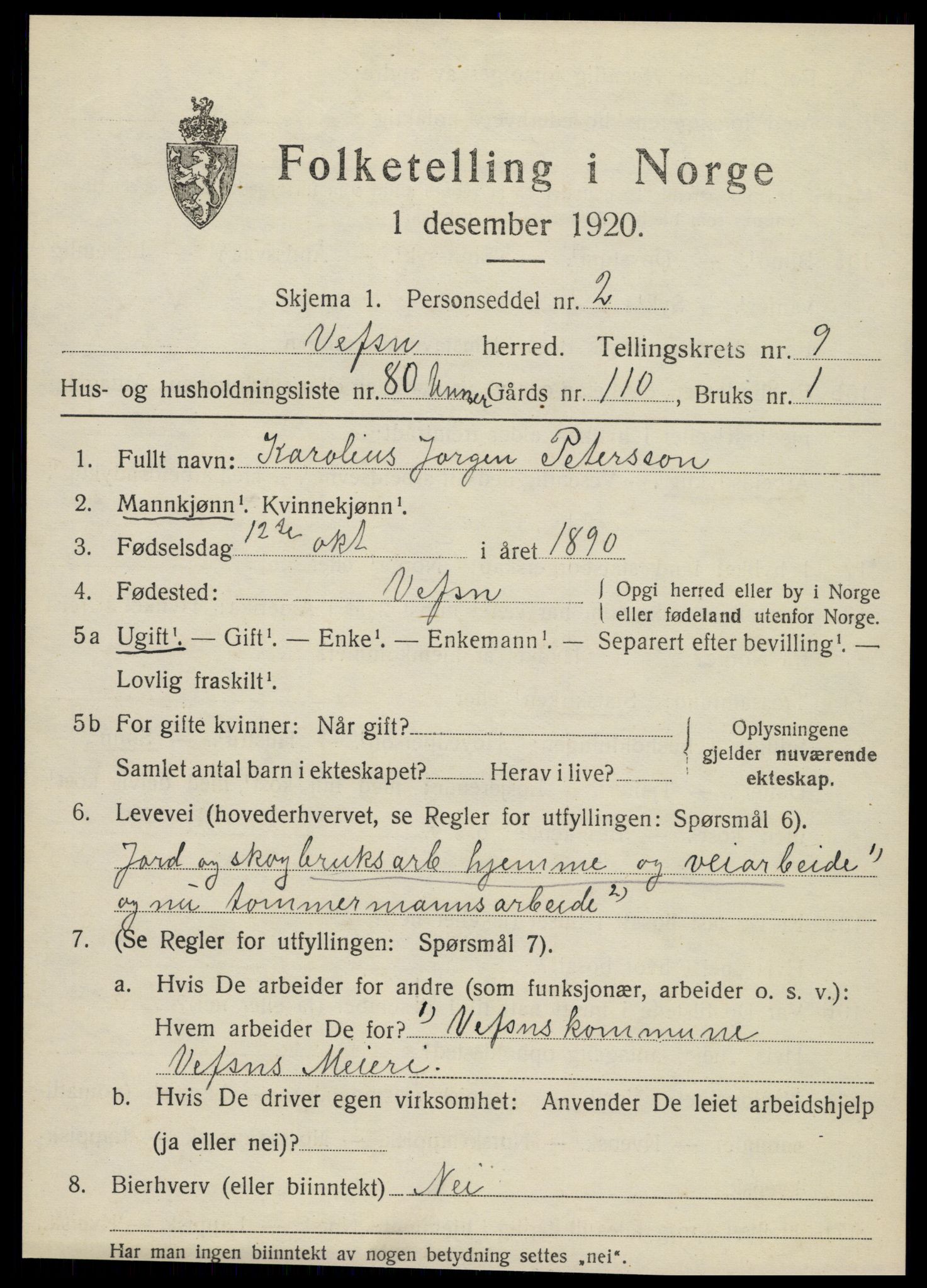 SAT, 1920 census for Vefsn, 1920, p. 6887