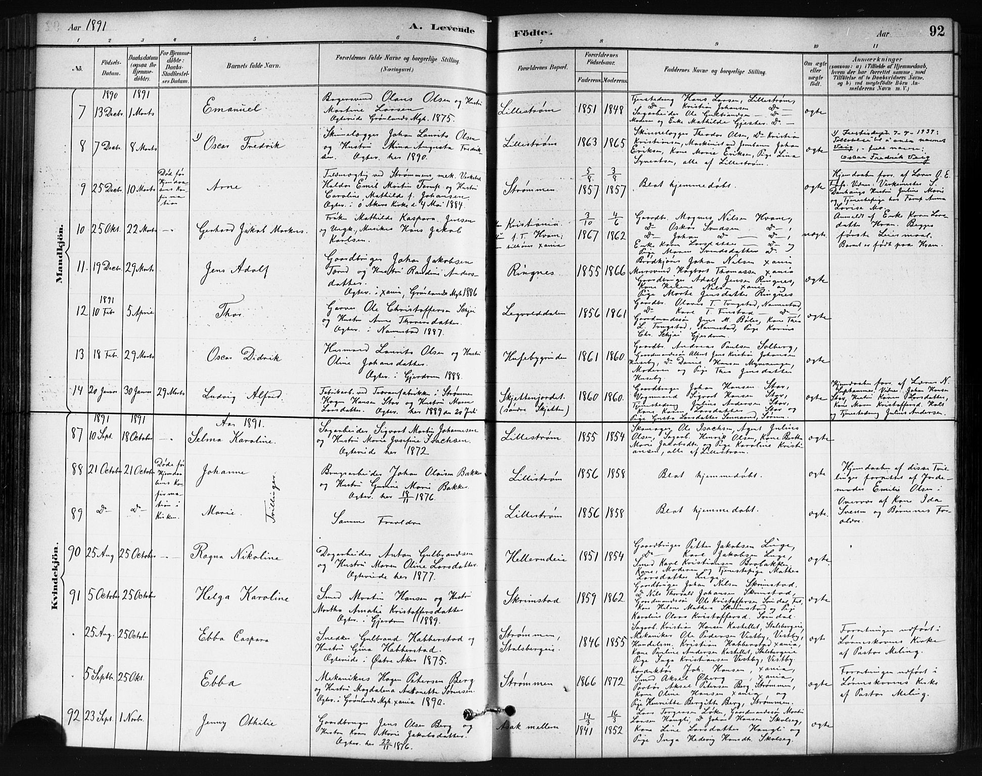 Skedsmo prestekontor Kirkebøker, SAO/A-10033a/G/Ga/L0004: Parish register (copy) no. I 4, 1883-1895, p. 92