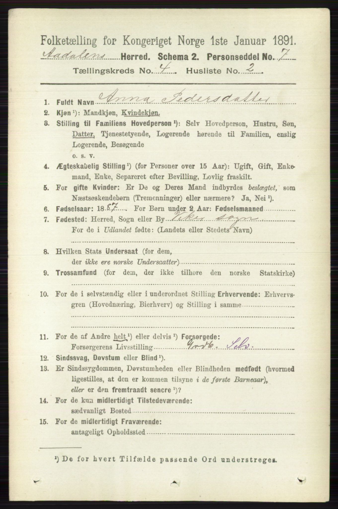 RA, 1891 census for 0614 Ådal, 1891, p. 1532