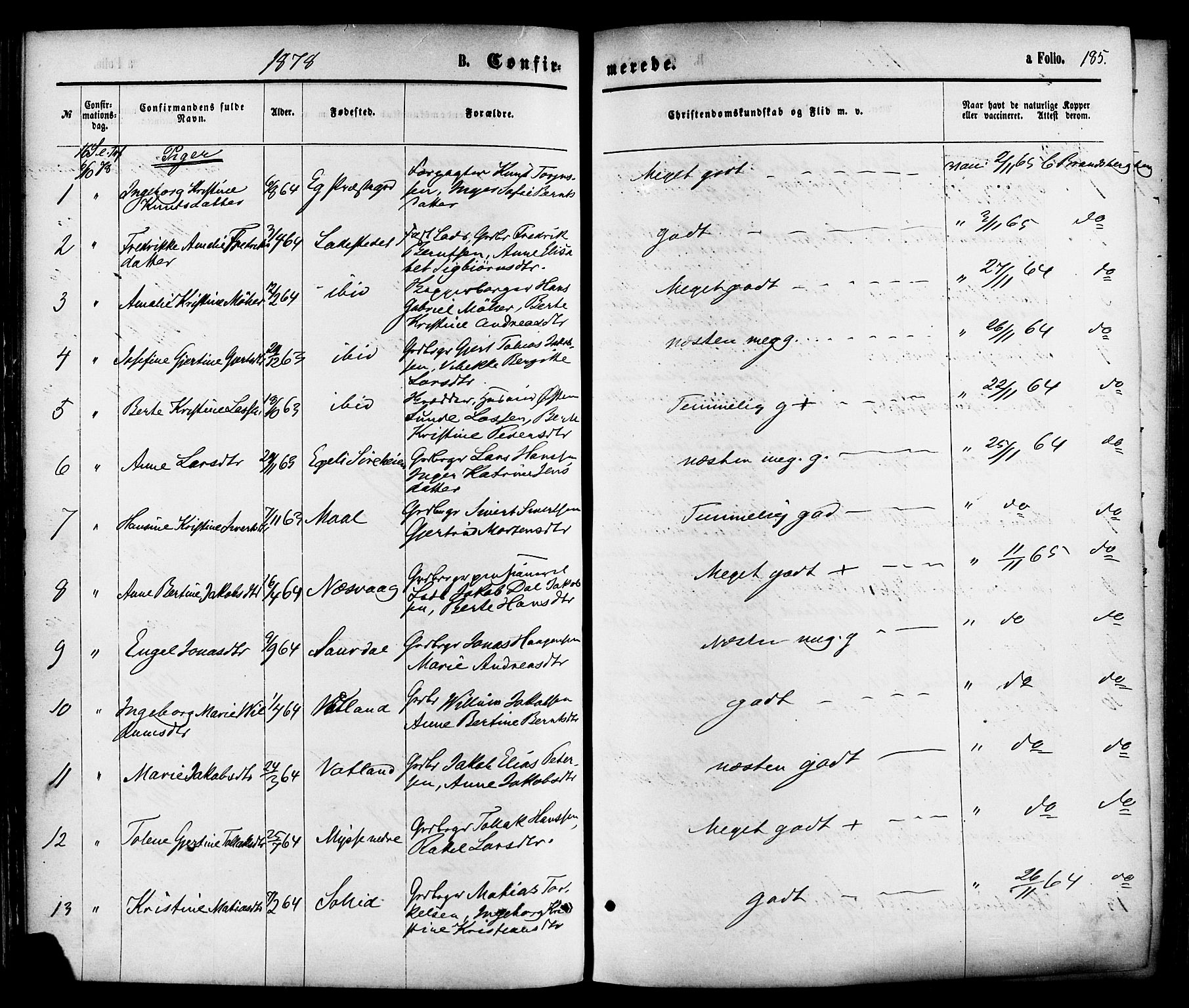 Sokndal sokneprestkontor, AV/SAST-A-101808: Parish register (official) no. A 10, 1874-1886, p. 185