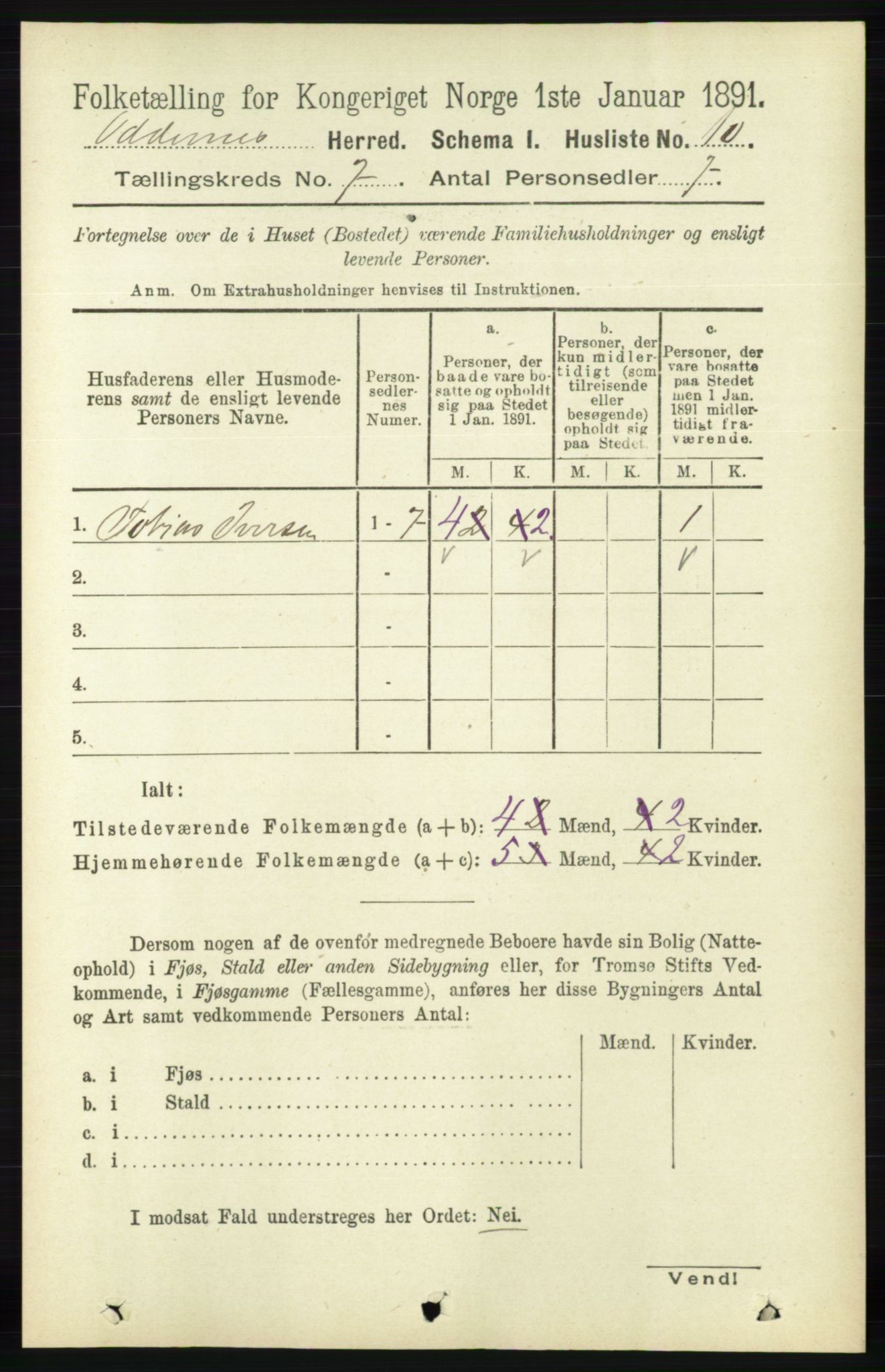 RA, 1891 census for 1012 Oddernes, 1891, p. 2457