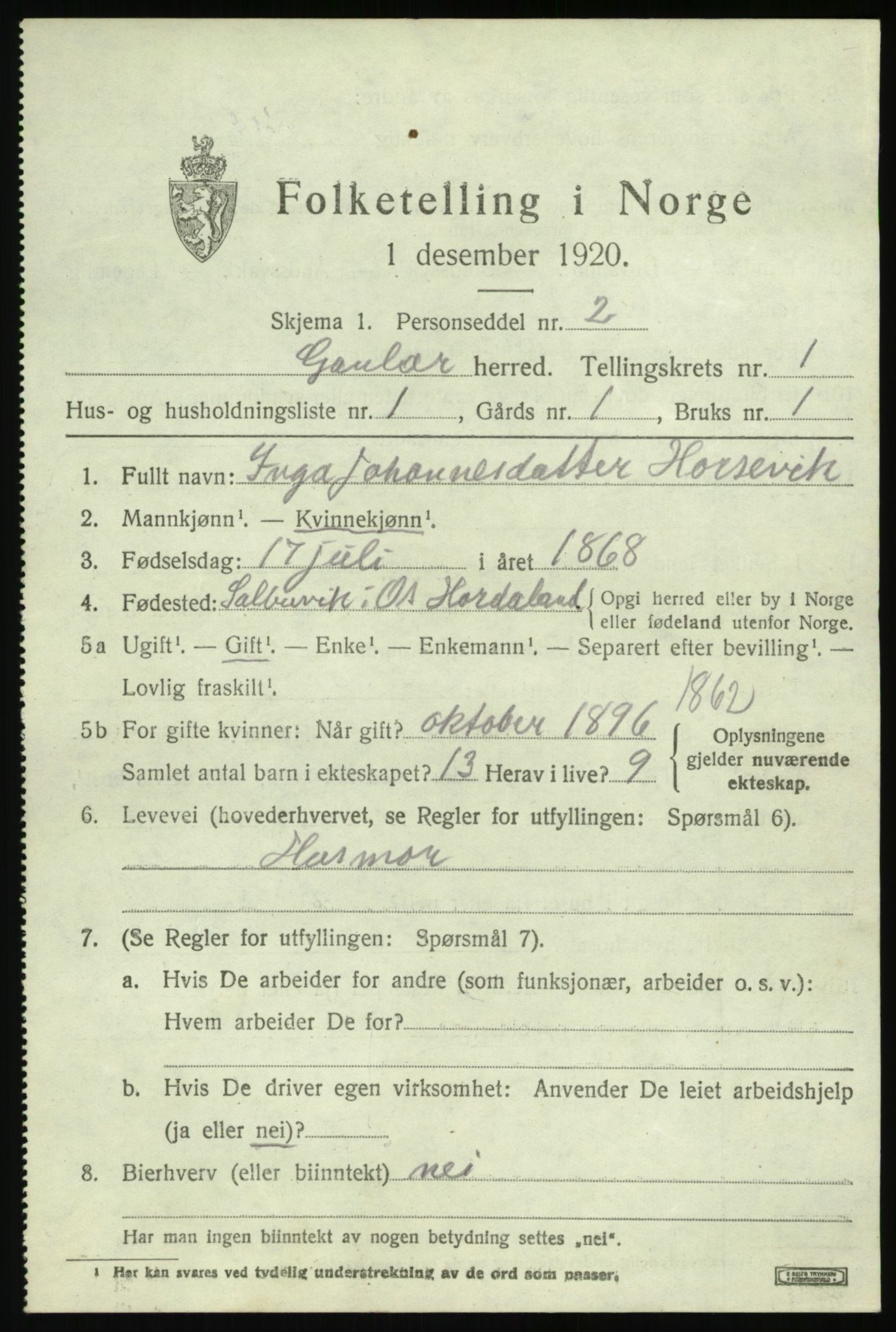 SAB, 1920 census for Gaular, 1920, p. 1268