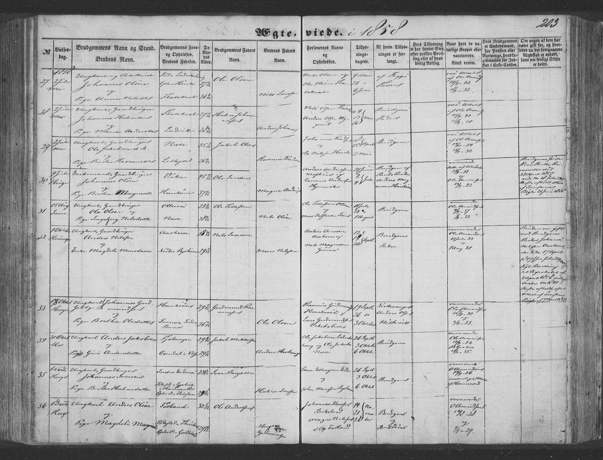 Hosanger sokneprestembete, AV/SAB-A-75801/H/Haa: Parish register (official) no. A 8, 1849-1863, p. 203