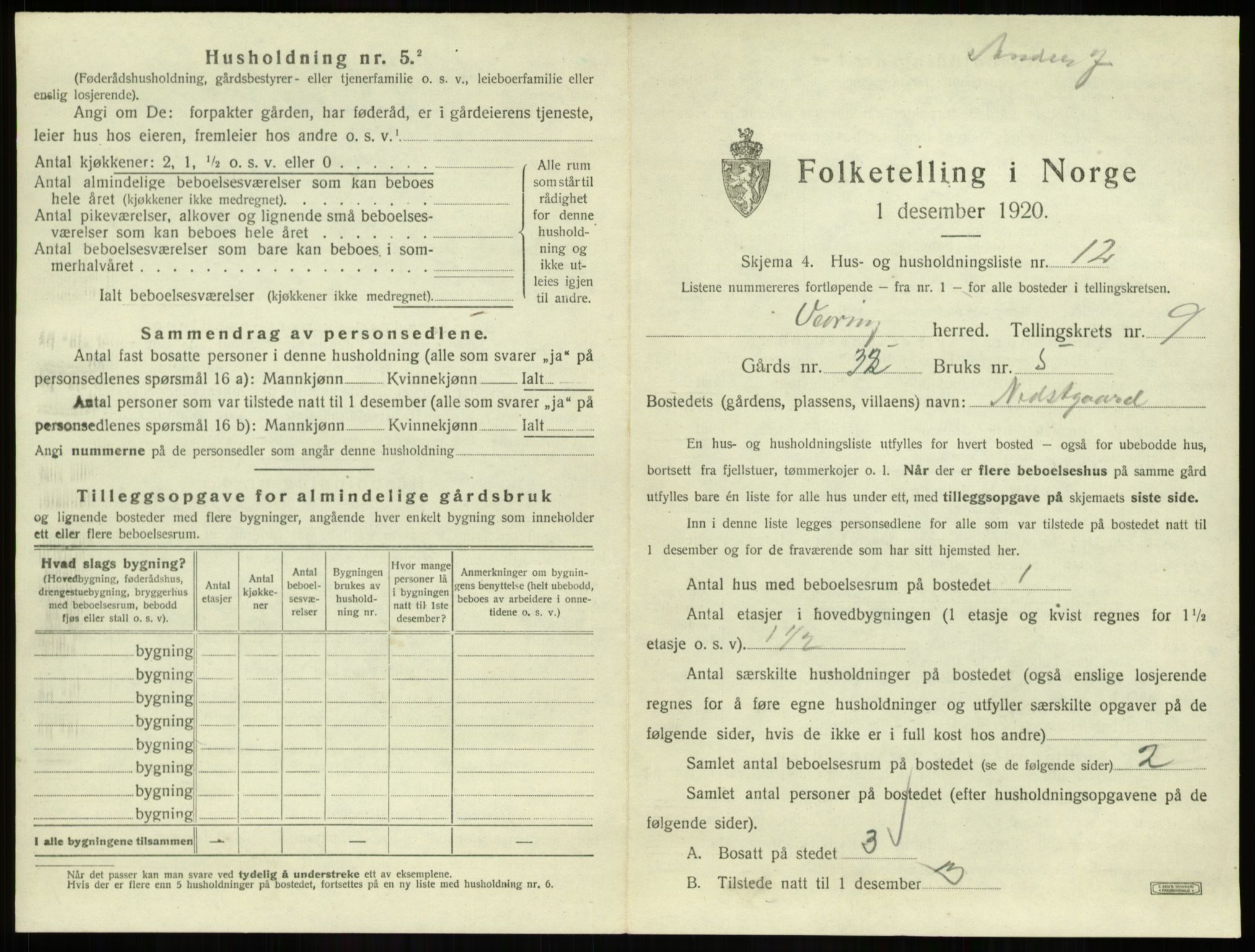 SAB, 1920 census for Vevring, 1920, p. 391