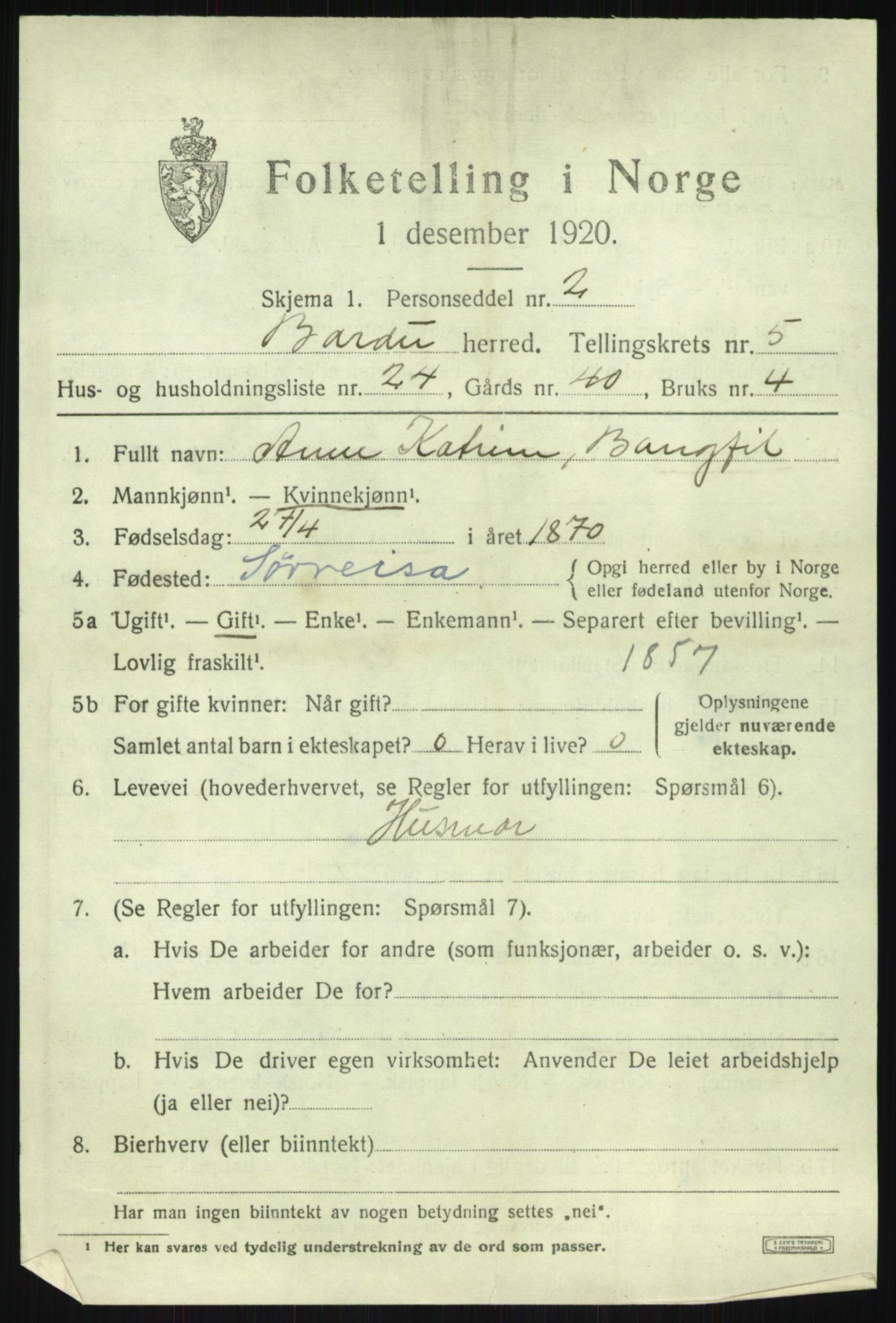 SATØ, 1920 census for Bardu, 1920, p. 2458