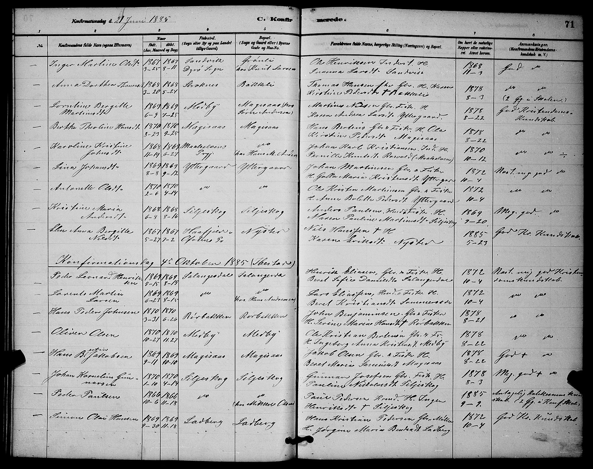 Ibestad sokneprestembete, AV/SATØ-S-0077/H/Ha/Hab/L0014klokker: Parish register (copy) no. 14, 1880-1887, p. 71