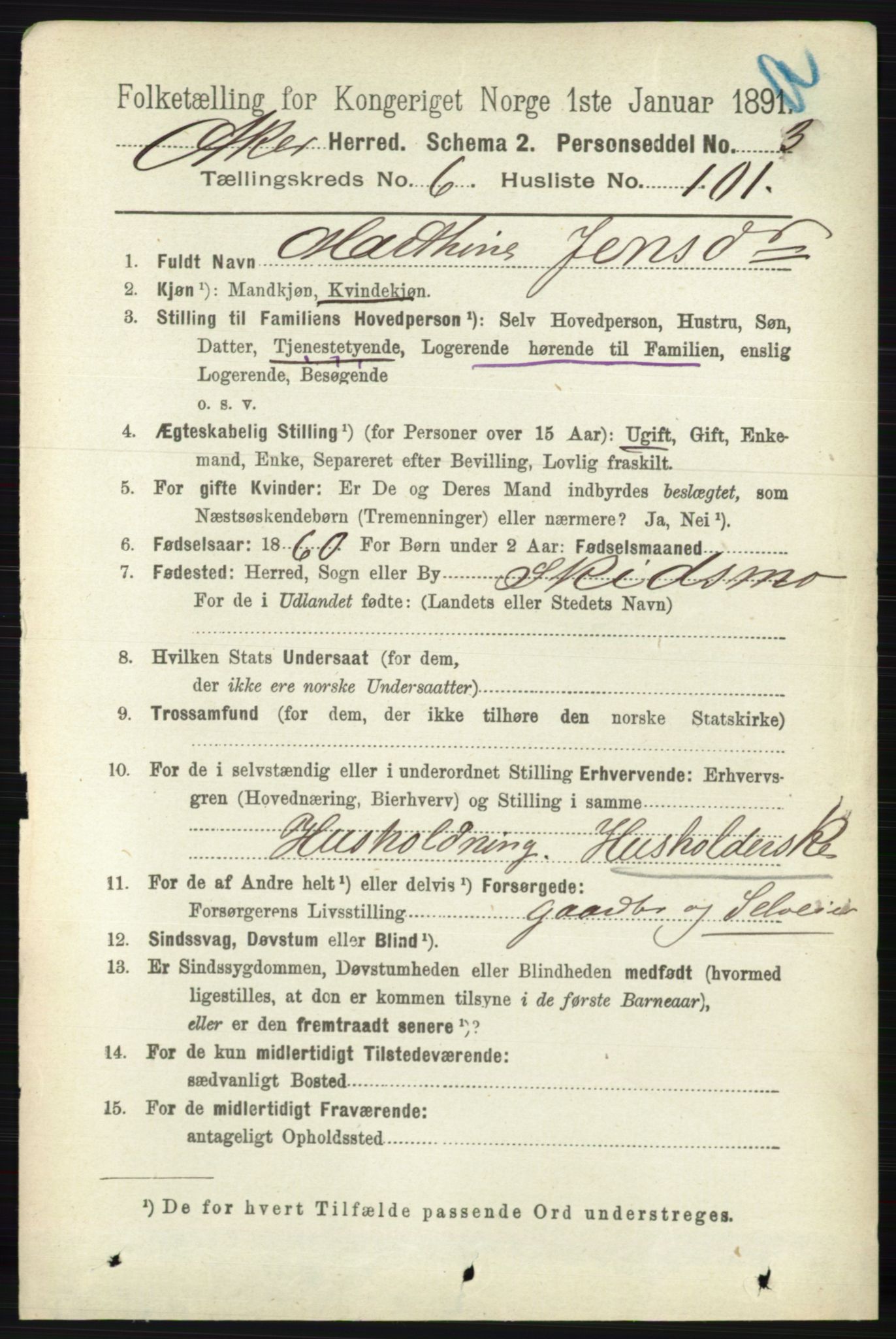 RA, 1891 census for 0218 Aker, 1891, p. 6140