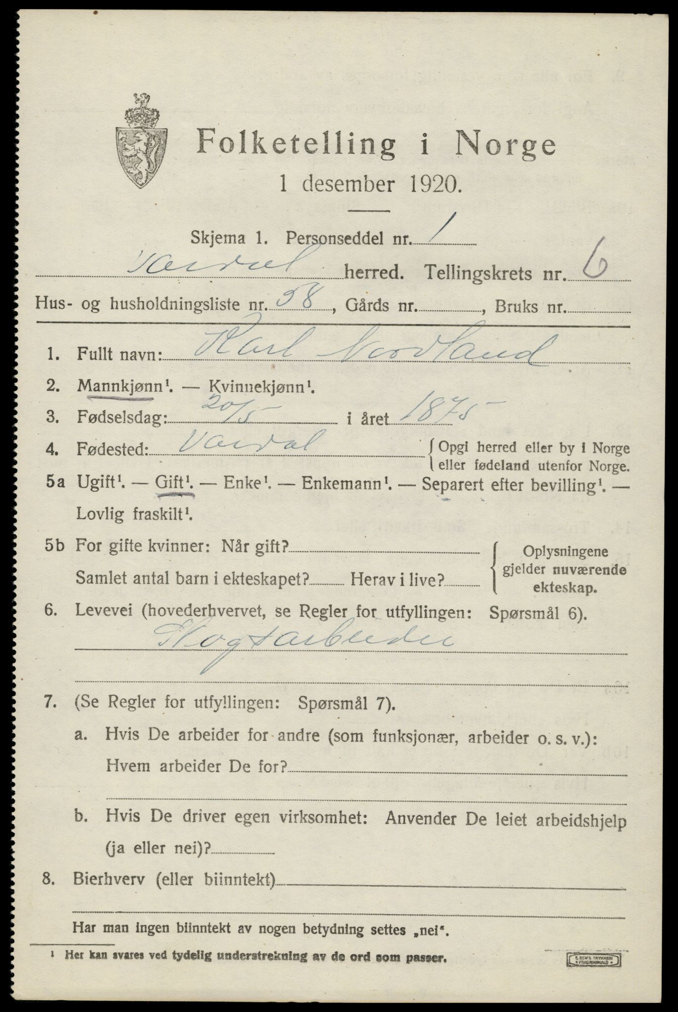 SAH, 1920 census for Vardal, 1920, p. 4539