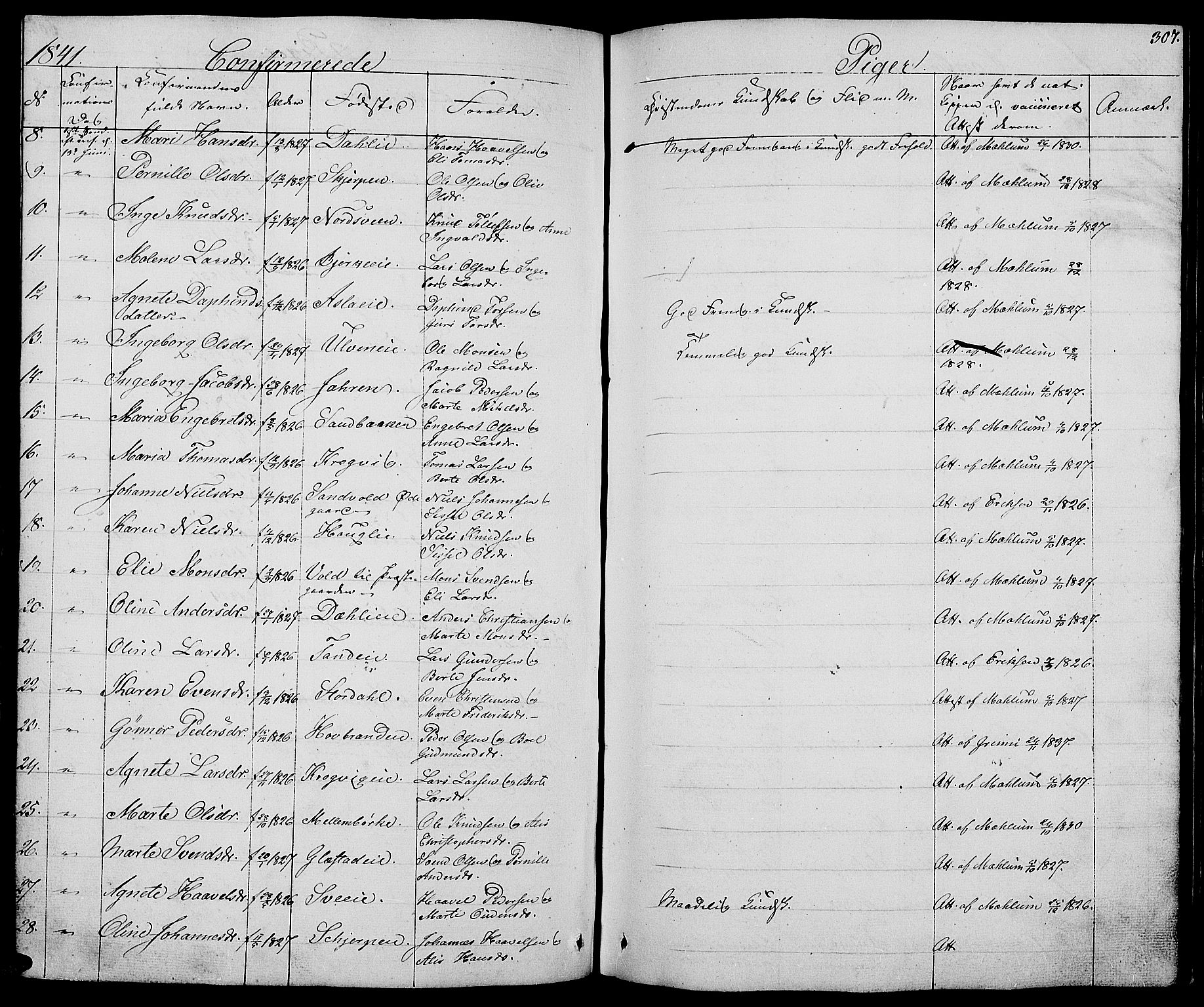 Ringsaker prestekontor, AV/SAH-PREST-014/L/La/L0005: Parish register (copy) no. 5, 1839-1850, p. 307