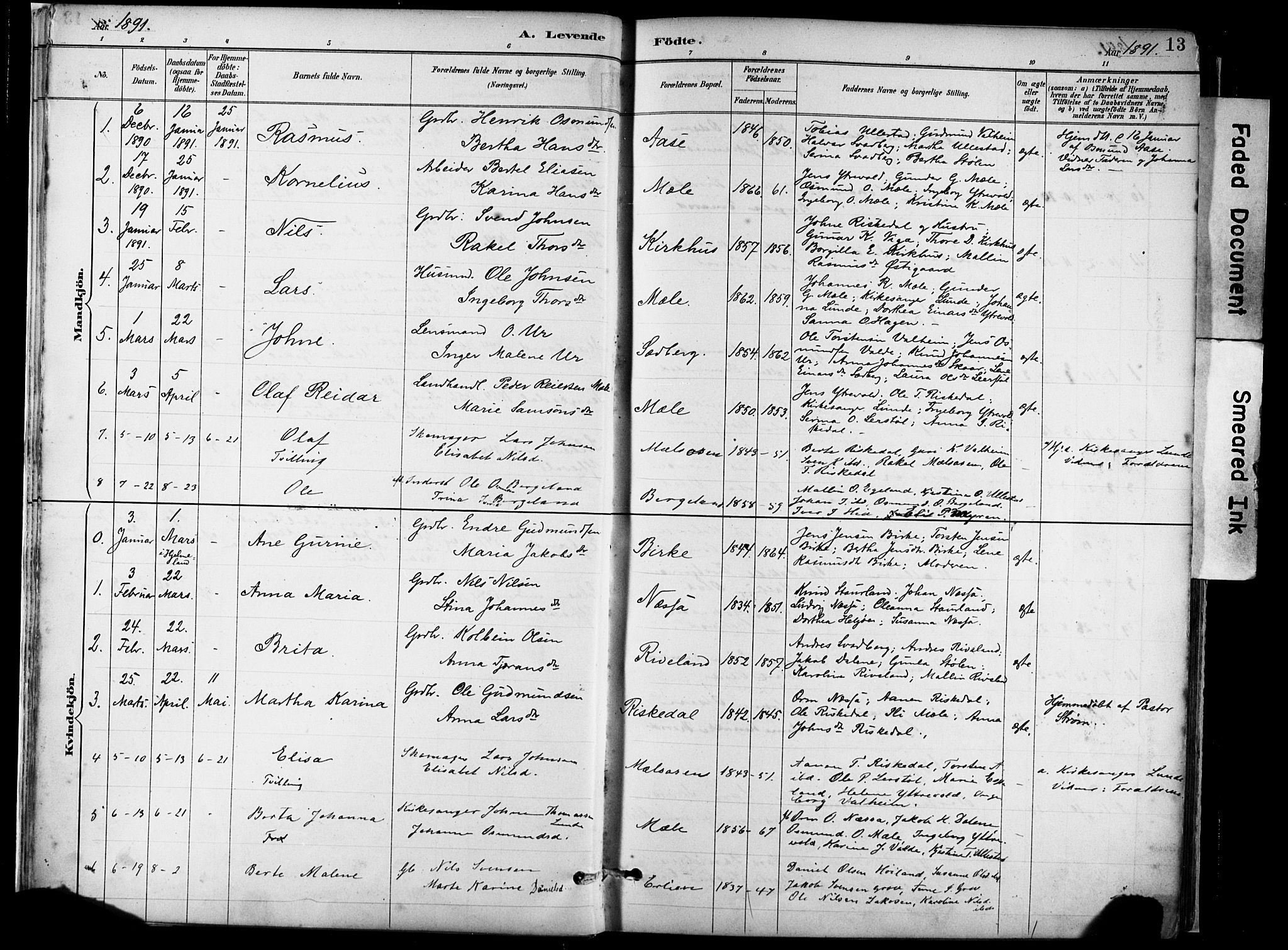 Hjelmeland sokneprestkontor, AV/SAST-A-101843/02/A/L0001: Parish register (official) no. A 16, 1887-1926, p. 13