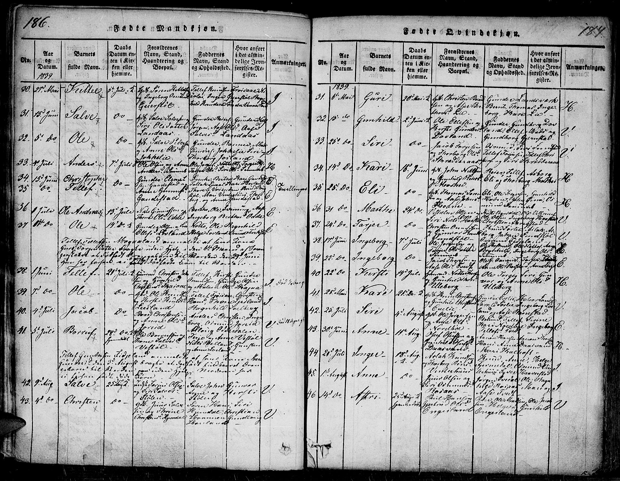 Evje sokneprestkontor, AV/SAK-1111-0008/F/Fa/Faa/L0004: Parish register (official) no. A 4, 1816-1840, p. 186-187