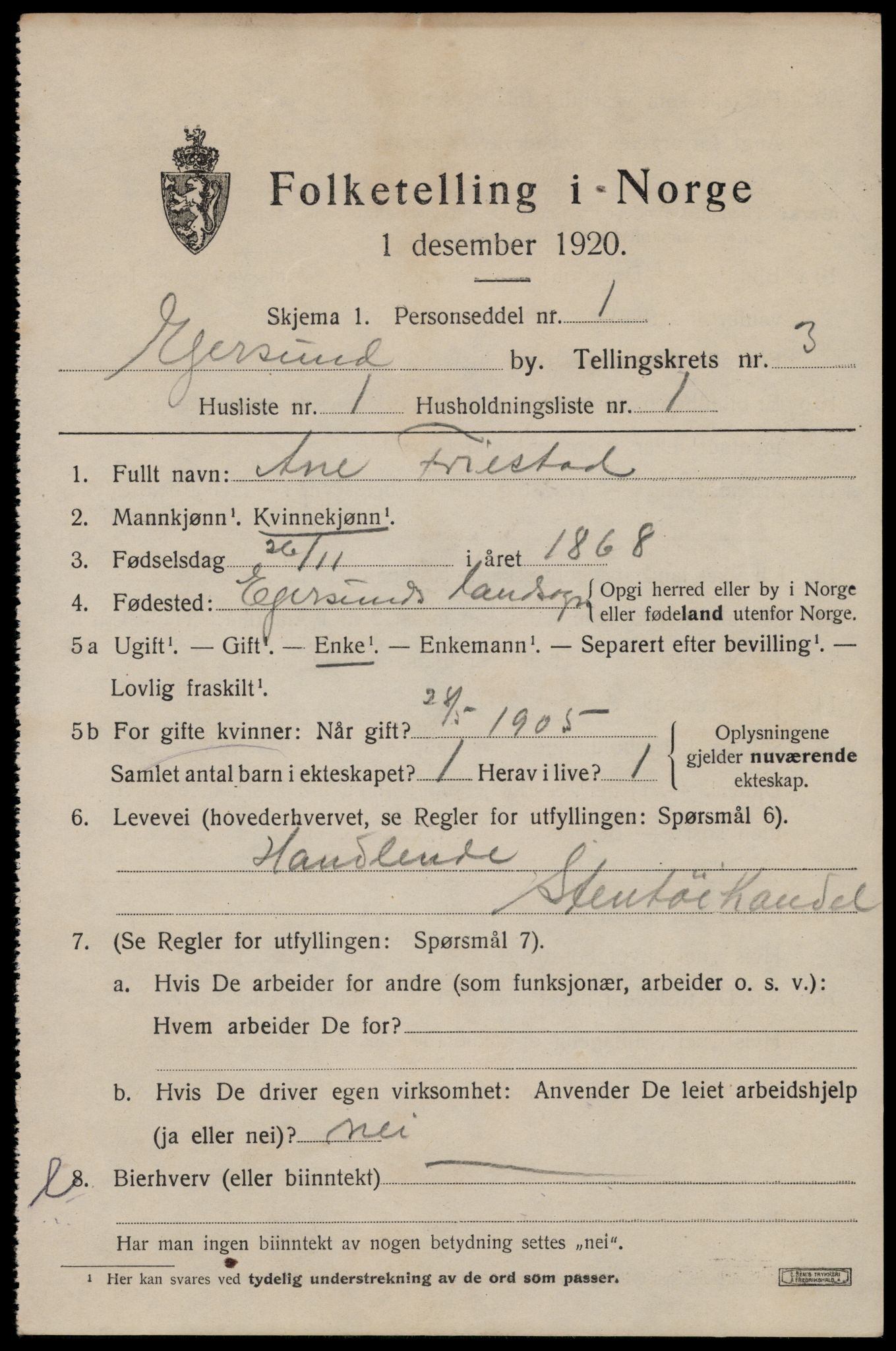 SAST, 1920 census for Egersund town, 1920, p. 4940