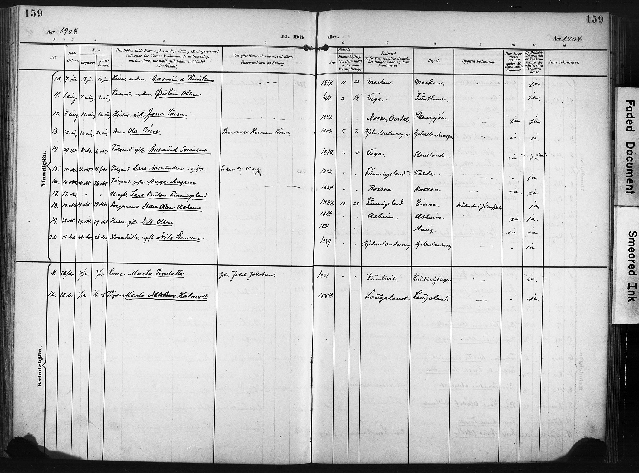 Hjelmeland sokneprestkontor, AV/SAST-A-101843/02/A/L0002: Parish register (official) no. A 17, 1901-1916, p. 159