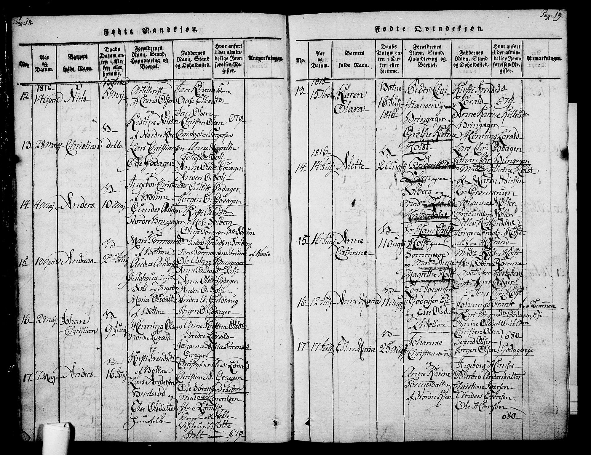 Botne kirkebøker, AV/SAKO-A-340/F/Fa/L0005: Parish register (official) no. I 5, 1814-1836, p. 18-19