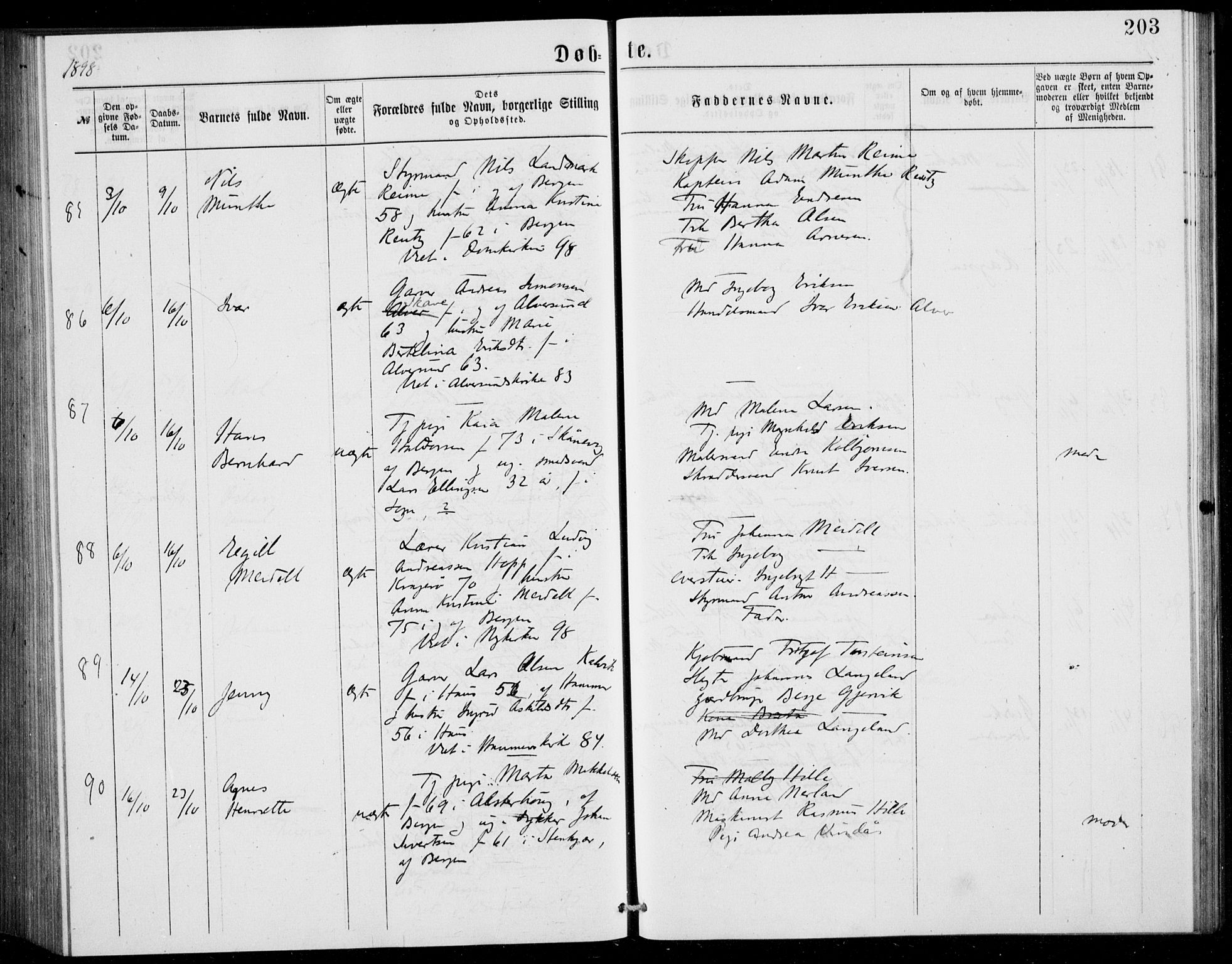 Fødselsstiftelsens sokneprestembete, ført av overlegen*, SAB/-: Parish register (official) no. A 2, 1884-1900, p. 203