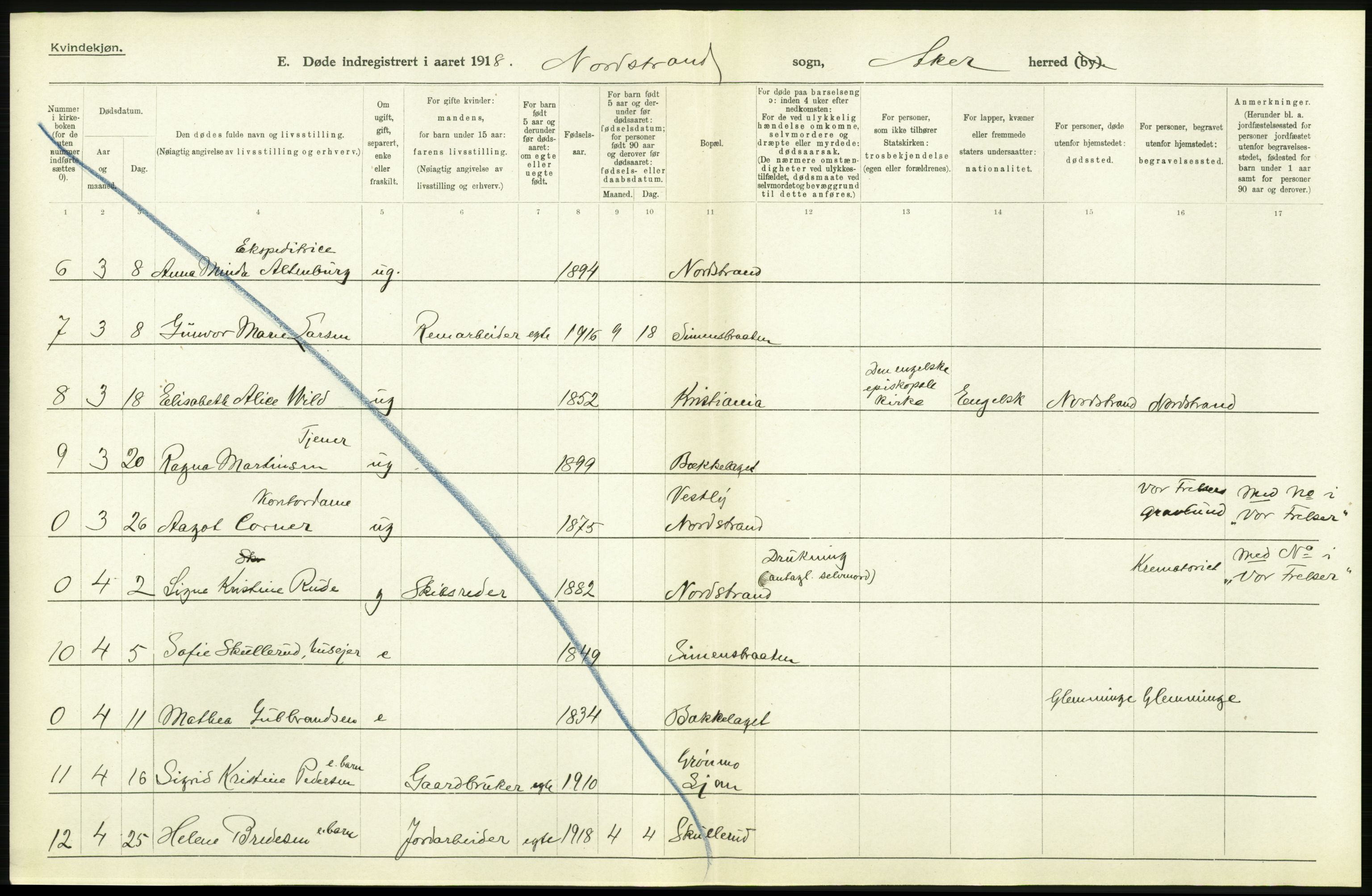 Statistisk sentralbyrå, Sosiodemografiske emner, Befolkning, RA/S-2228/D/Df/Dfb/Dfbh/L0006: Akershus fylke: Døde. Bygder og byer., 1918, p. 424