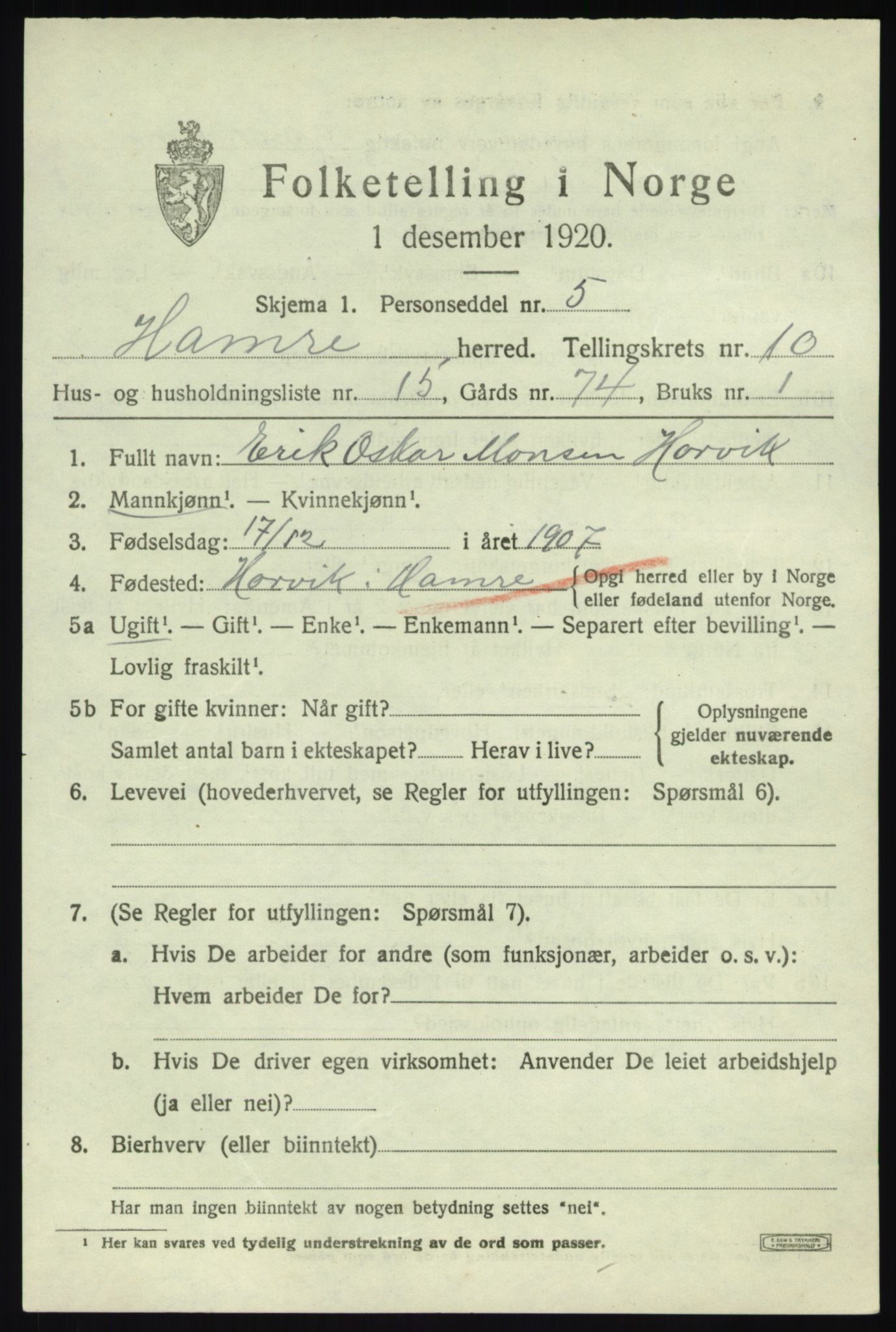 SAB, 1920 census for Hamre, 1920, p. 6077