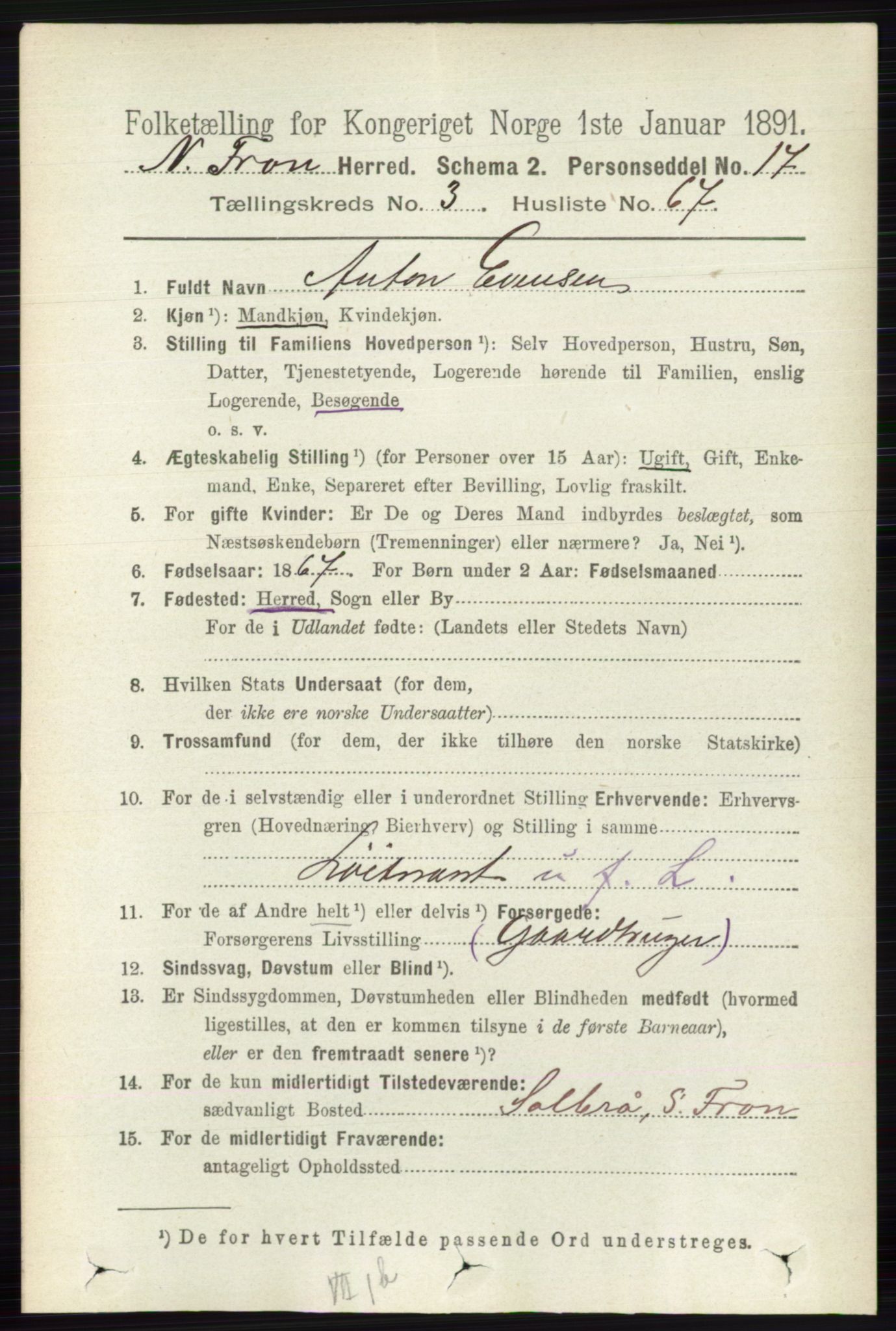 RA, 1891 census for 0518 Nord-Fron, 1891, p. 1255