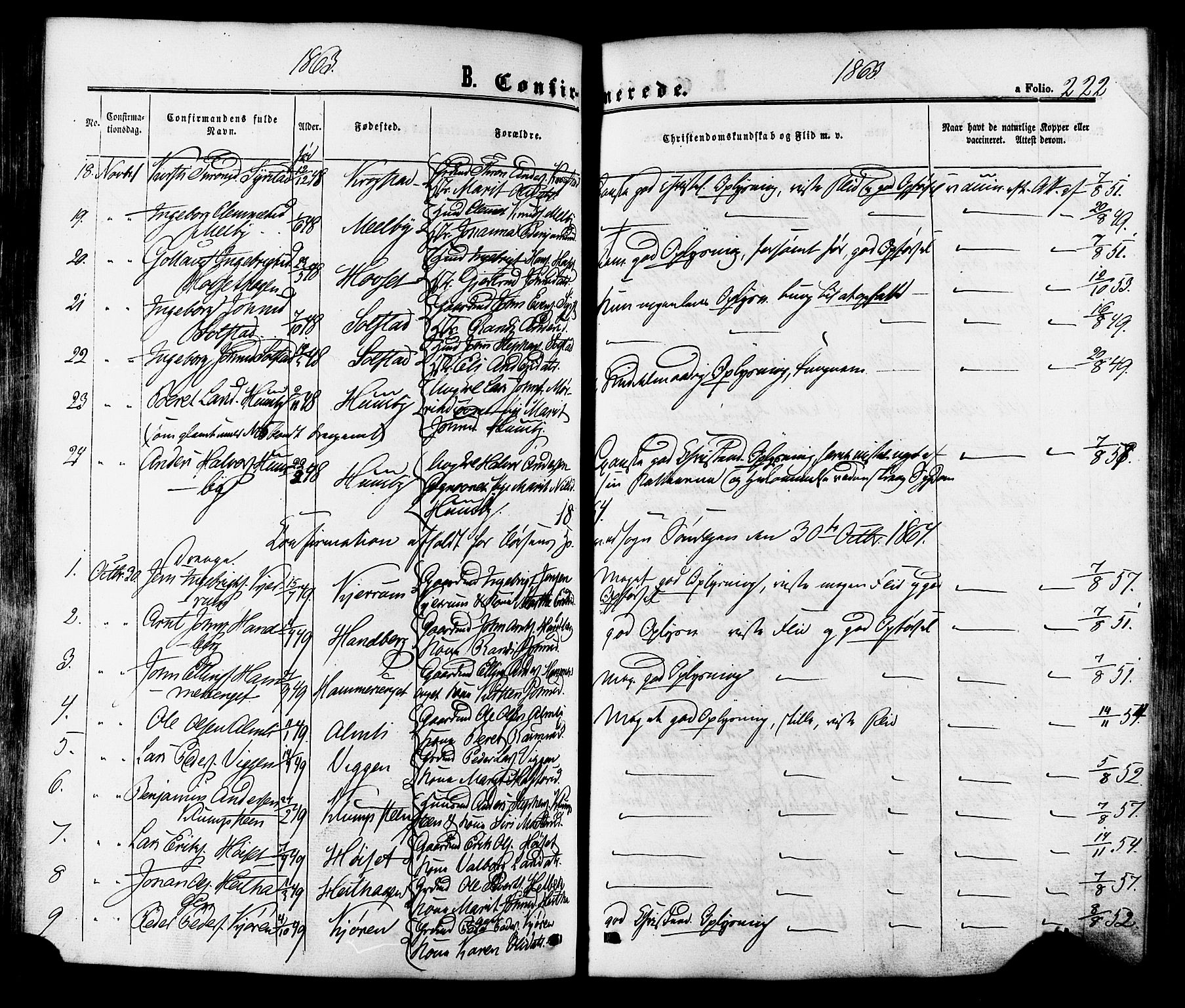 Ministerialprotokoller, klokkerbøker og fødselsregistre - Sør-Trøndelag, SAT/A-1456/665/L0772: Parish register (official) no. 665A07, 1856-1878, p. 222