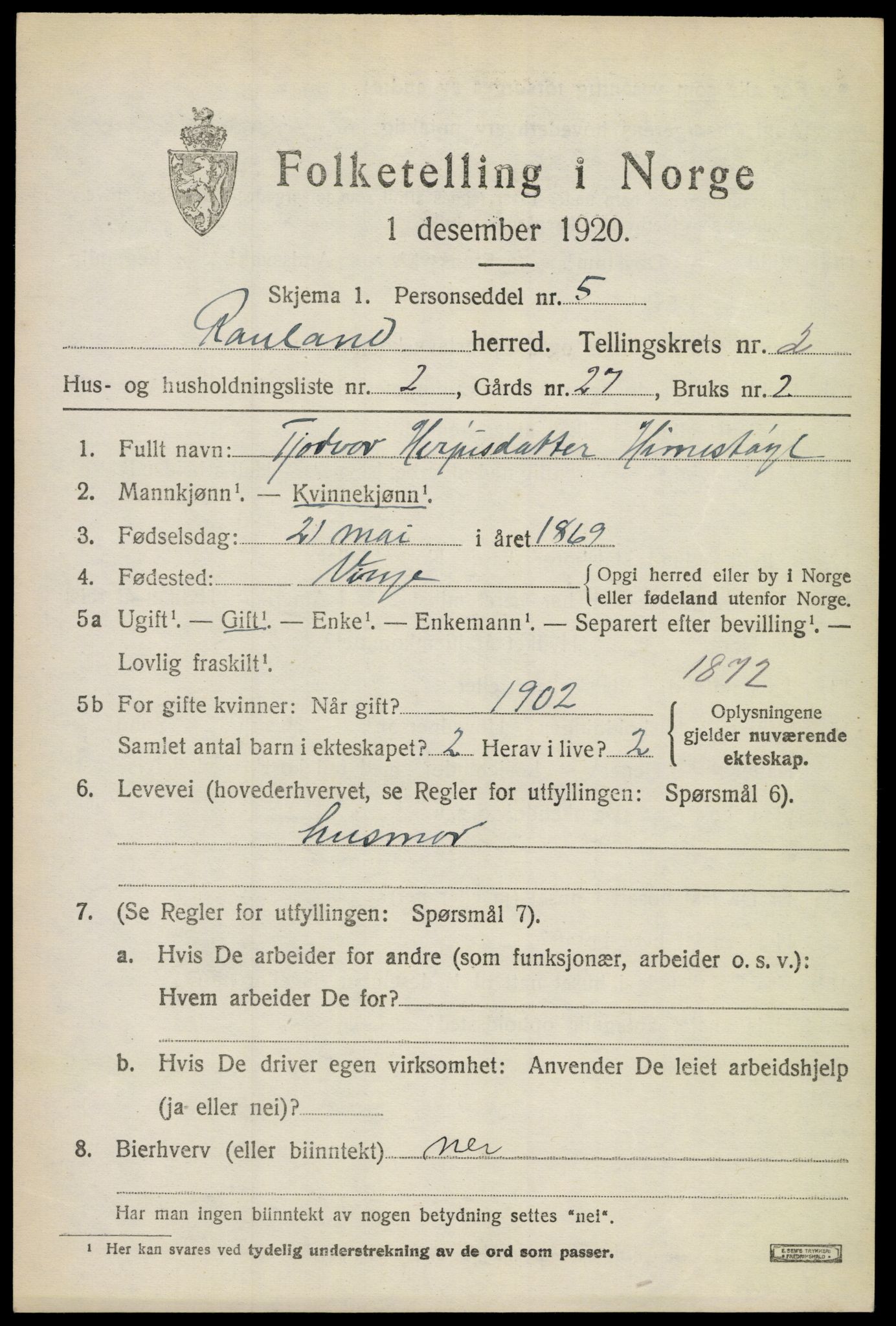 SAKO, 1920 census for Rauland, 1920, p. 622