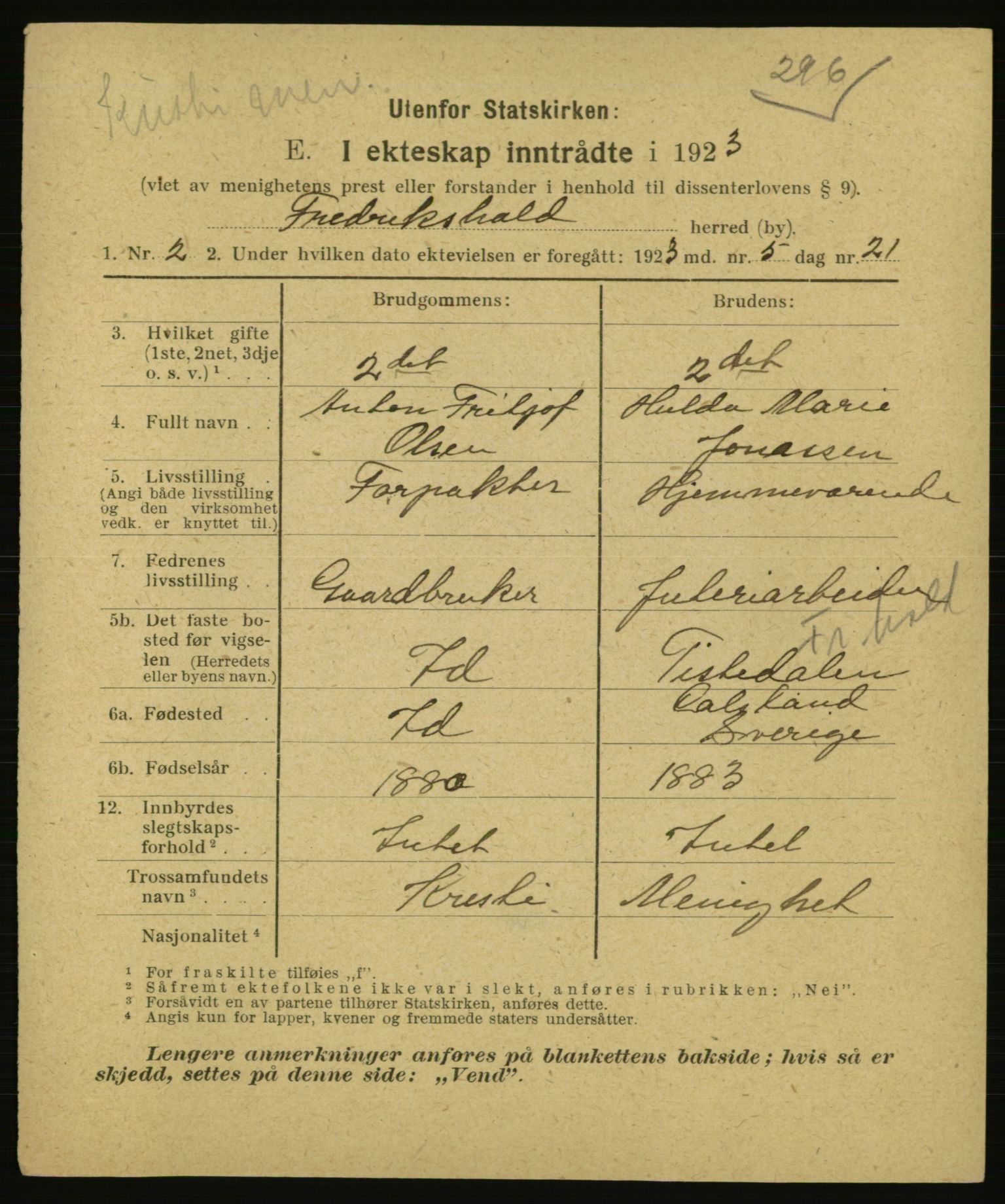 Statistisk sentralbyrå, Sosiodemografiske emner, Befolkning, AV/RA-S-2228/E/L0021: Fødte, gifte, døde dissentere., 1923, p. 1855