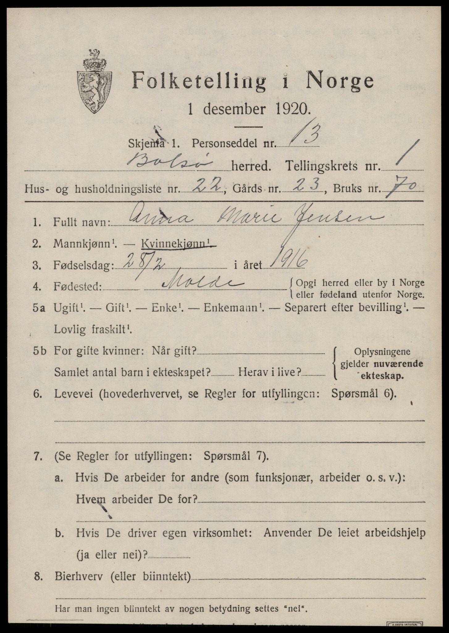 SAT, 1920 census for Bolsøy, 1920, p. 1873