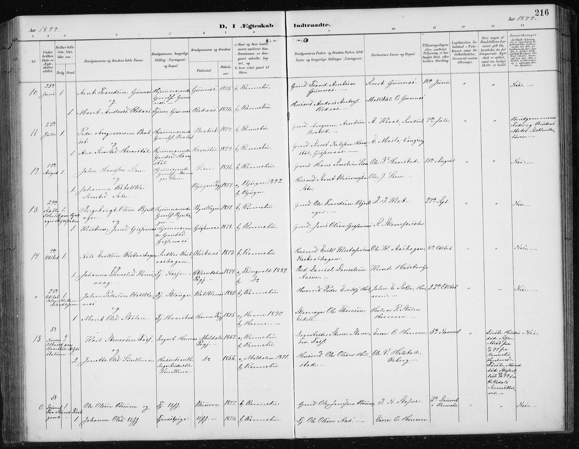 Ministerialprotokoller, klokkerbøker og fødselsregistre - Sør-Trøndelag, SAT/A-1456/674/L0876: Parish register (copy) no. 674C03, 1892-1912, p. 216