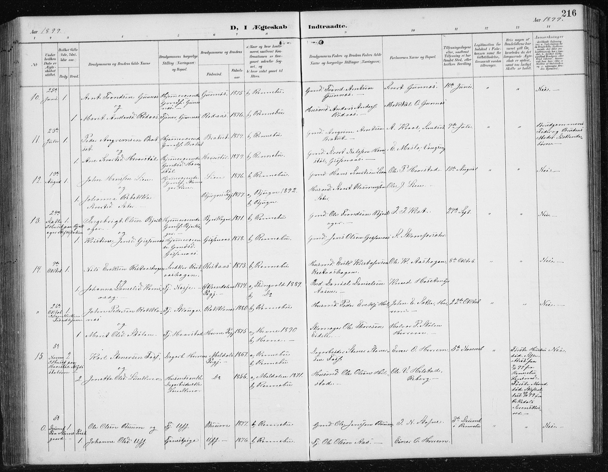 Ministerialprotokoller, klokkerbøker og fødselsregistre - Sør-Trøndelag, AV/SAT-A-1456/674/L0876: Parish register (copy) no. 674C03, 1892-1912, p. 216