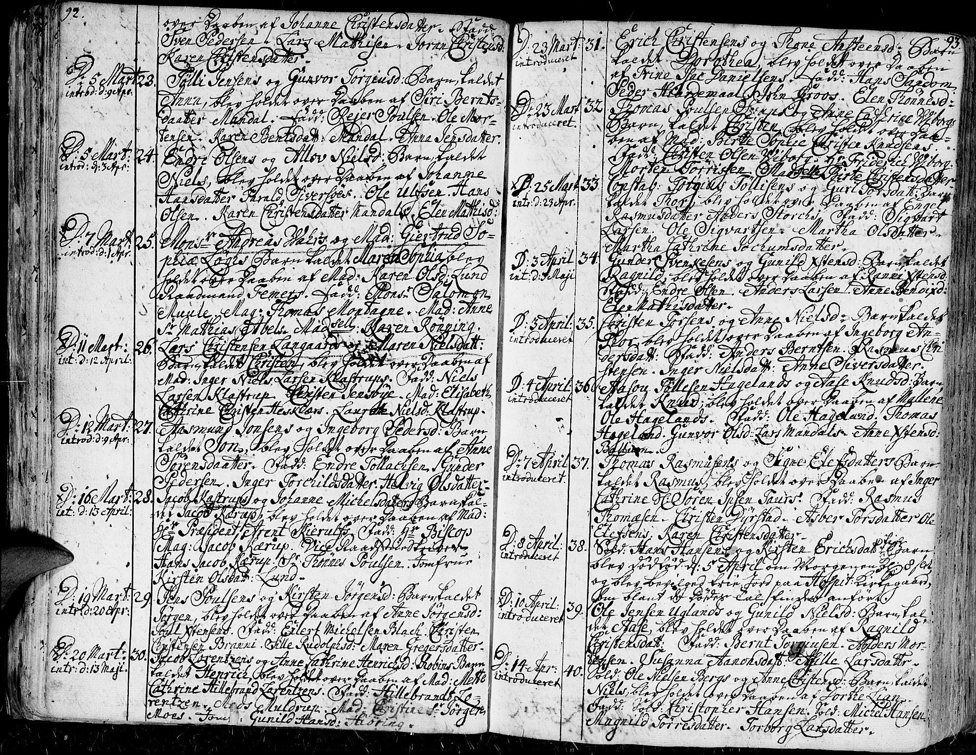 Kristiansand domprosti, AV/SAK-1112-0006/F/Fa/L0001: Parish register (official) no. A 1, 1734-1793, p. 92-93