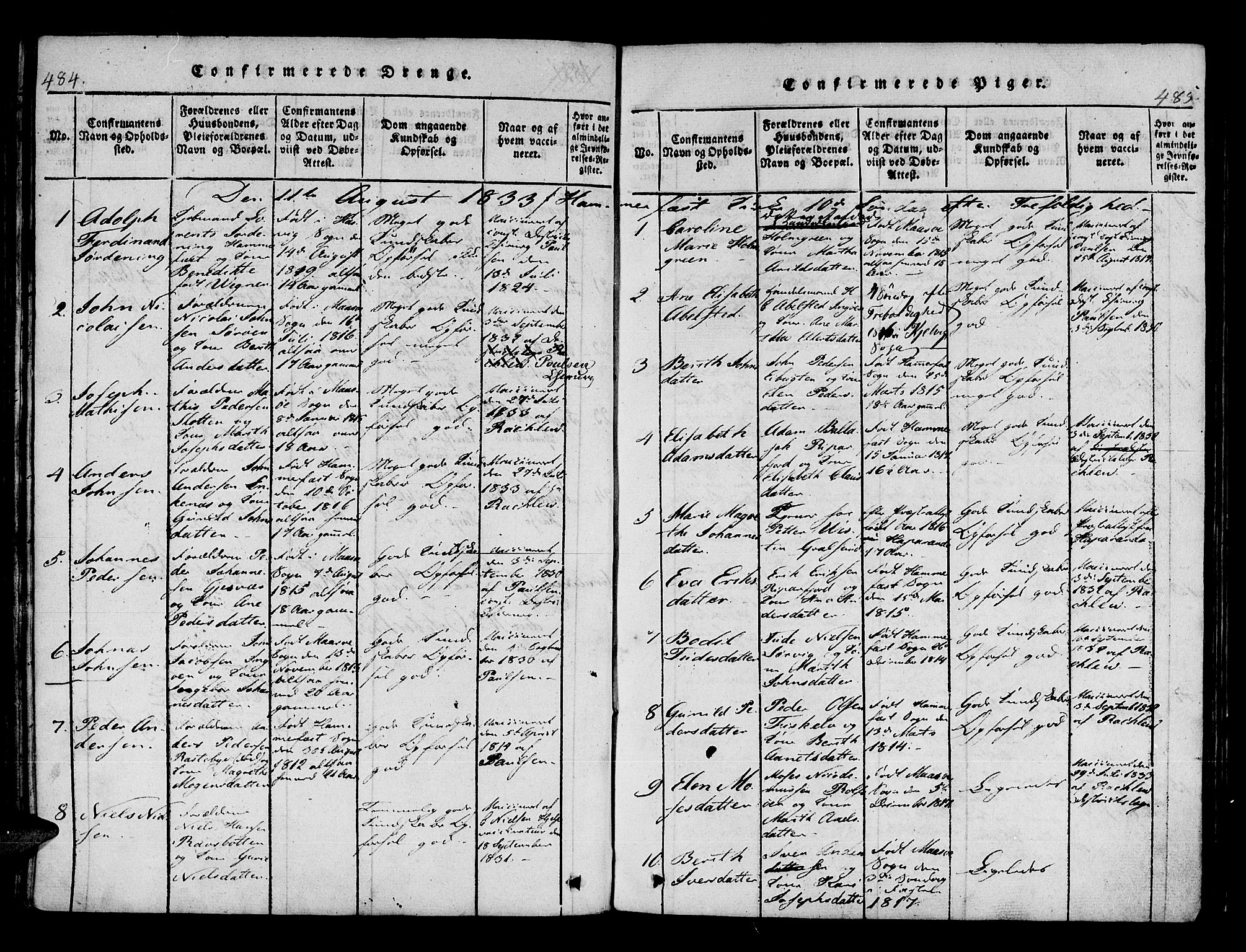 Hammerfest sokneprestkontor, SATØ/S-1347/H/Ha/L0003.kirke: Parish register (official) no. 3, 1821-1842, p. 484-485