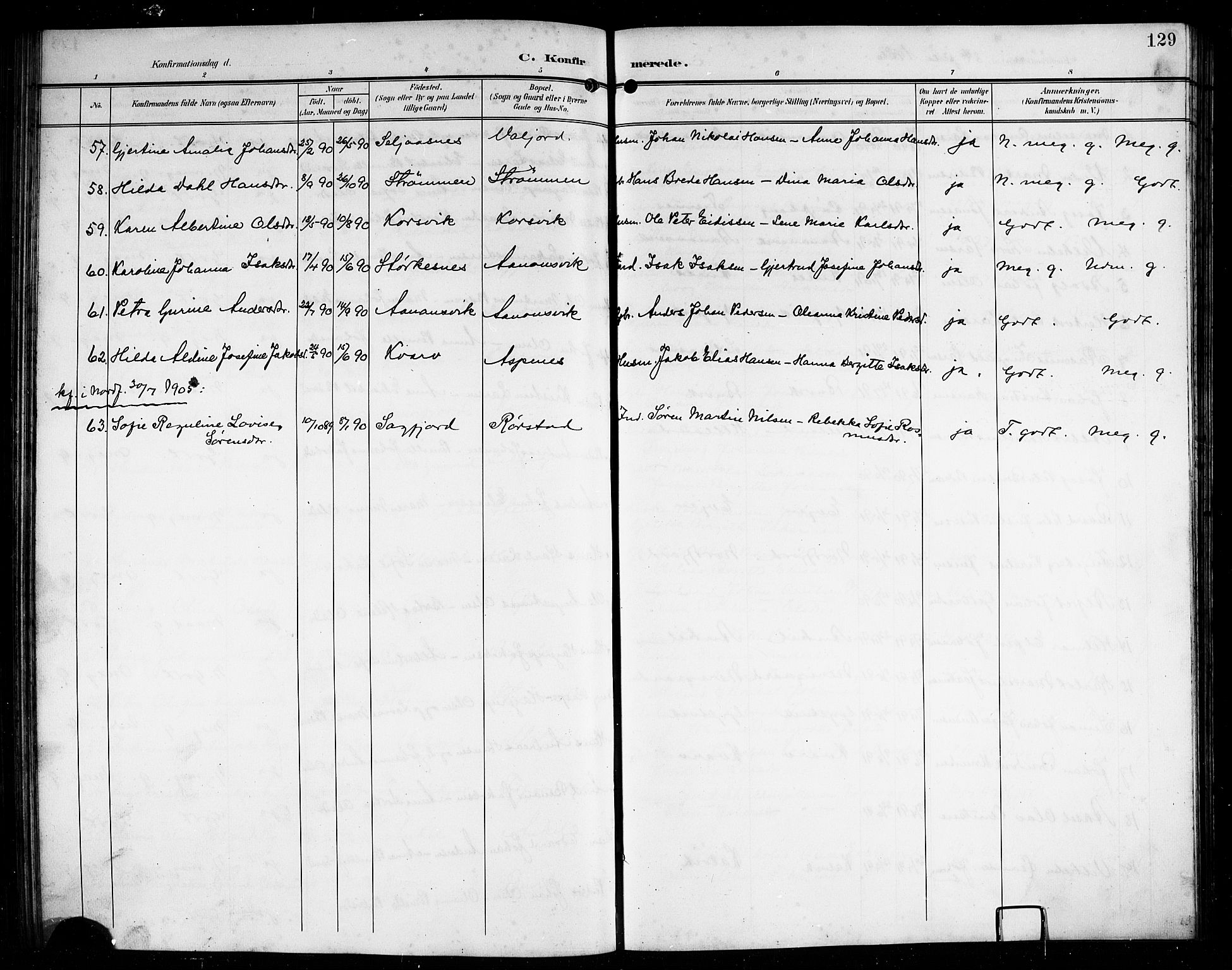 Ministerialprotokoller, klokkerbøker og fødselsregistre - Nordland, AV/SAT-A-1459/854/L0786: Parish register (copy) no. 854C02, 1901-1912, p. 129