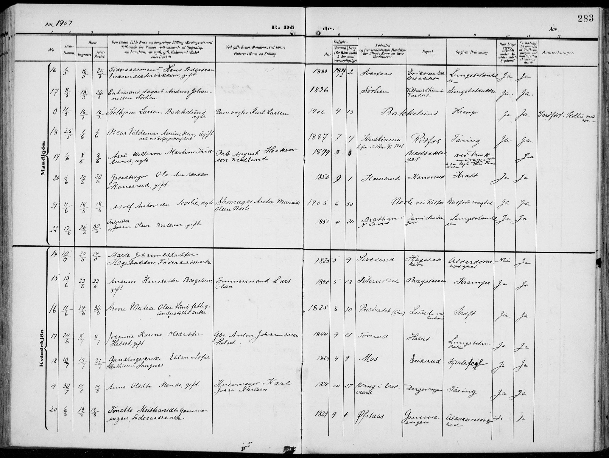 Vestre Toten prestekontor, SAH/PREST-108/H/Ha/Haa/L0014: Parish register (official) no. 14, 1907-1920, p. 283