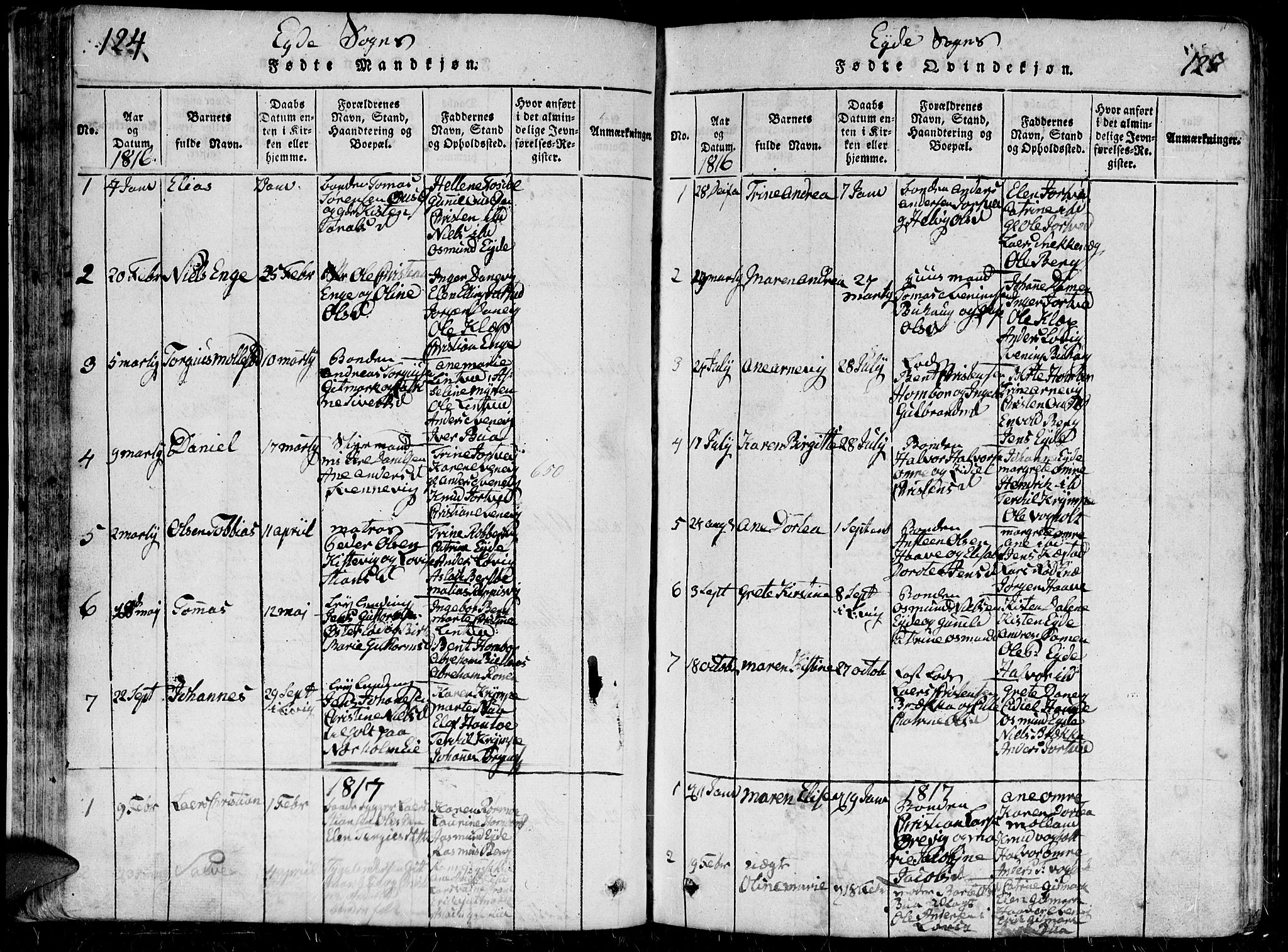 Hommedal sokneprestkontor, SAK/1111-0023/F/Fb/Fbb/L0003: Parish register (copy) no. B 3 /2, 1816-1850, p. 124-125