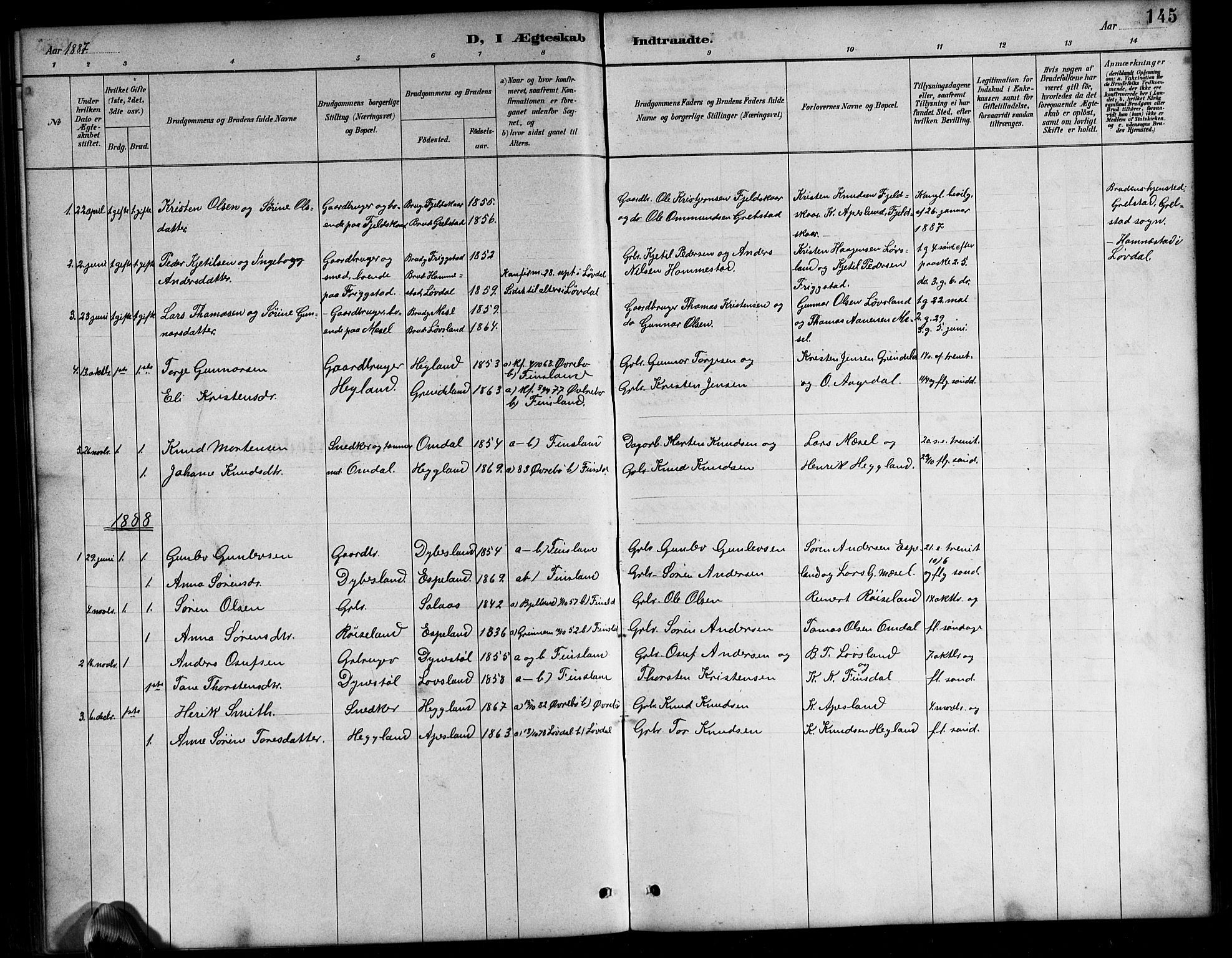 Bjelland sokneprestkontor, SAK/1111-0005/F/Fb/Fbb/L0005: Parish register (copy) no. B 5, 1887-1918, p. 145
