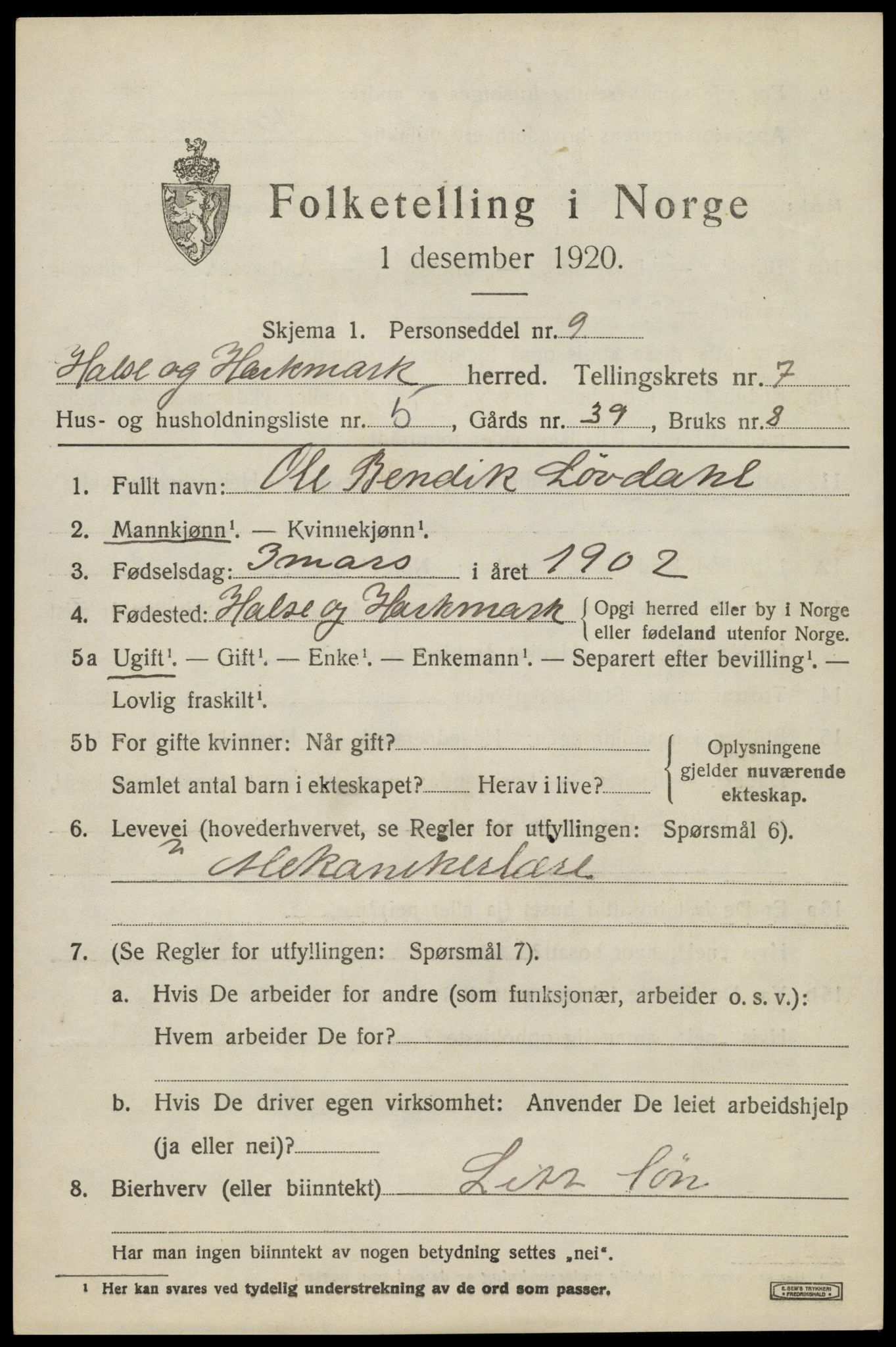 SAK, 1920 census for Halse og Harkmark, 1920, p. 3761