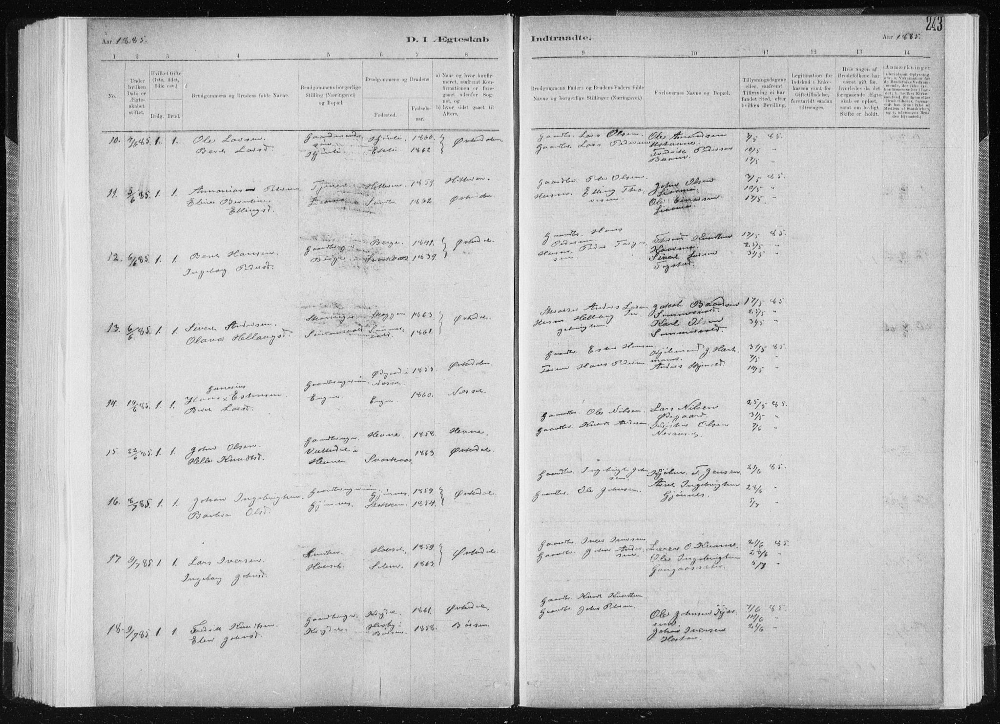 Ministerialprotokoller, klokkerbøker og fødselsregistre - Sør-Trøndelag, SAT/A-1456/668/L0818: Parish register (copy) no. 668C07, 1885-1898, p. 243